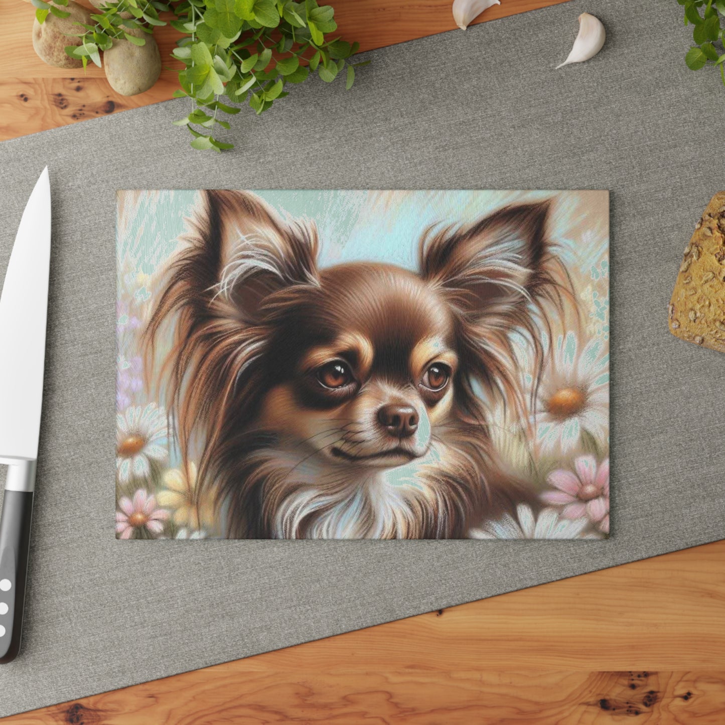 🌼 Long-Haired Chihuahua Cutting Board – Delicate Florals & Big Personality Charm 🐾