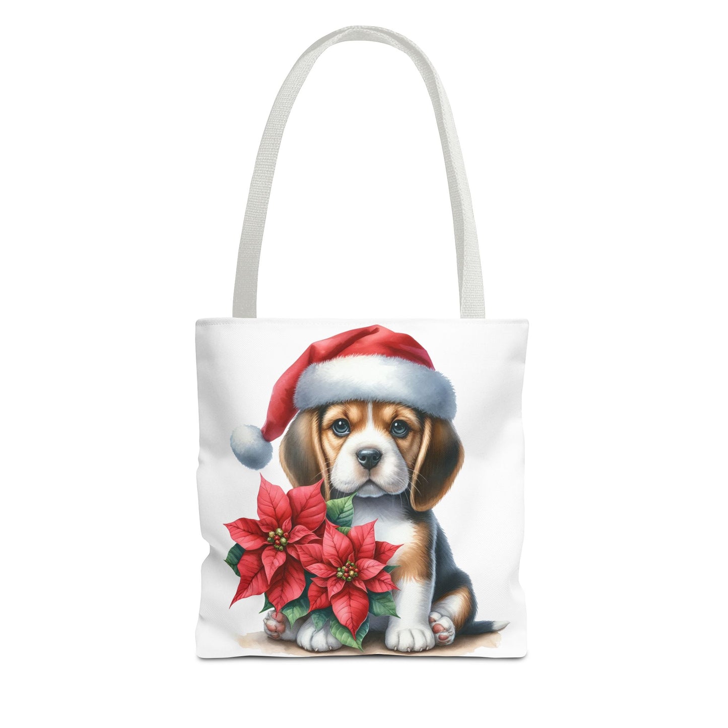 🐶 Beagle Puppy & Poinsettia Christmas Tote Bag – Sweet Holiday Charm in Every Step 🎄