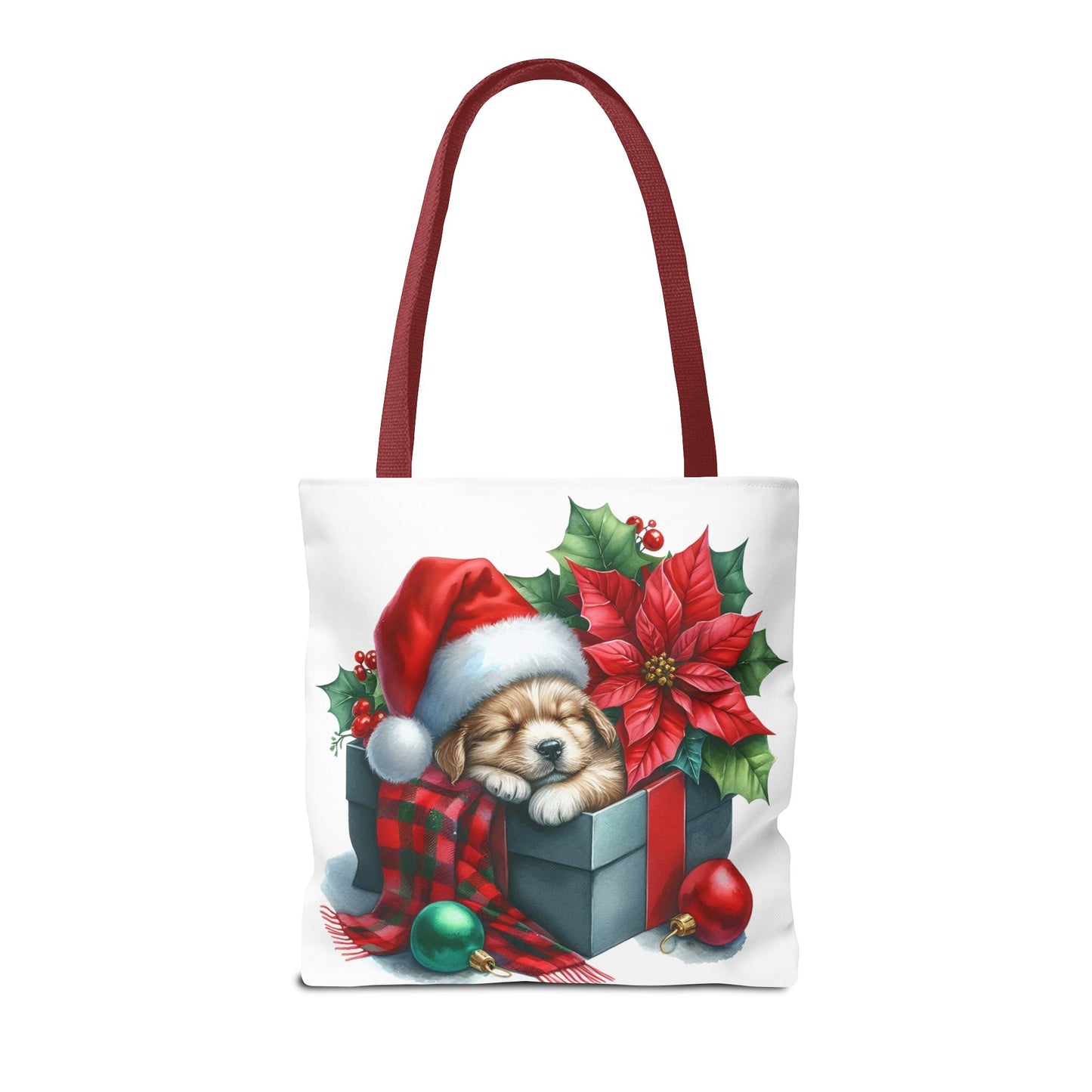 🎁 Sleeping Puppy in Gift Box Christmas Tote – Cozy Holiday Charm for Dog Lovers 🐾