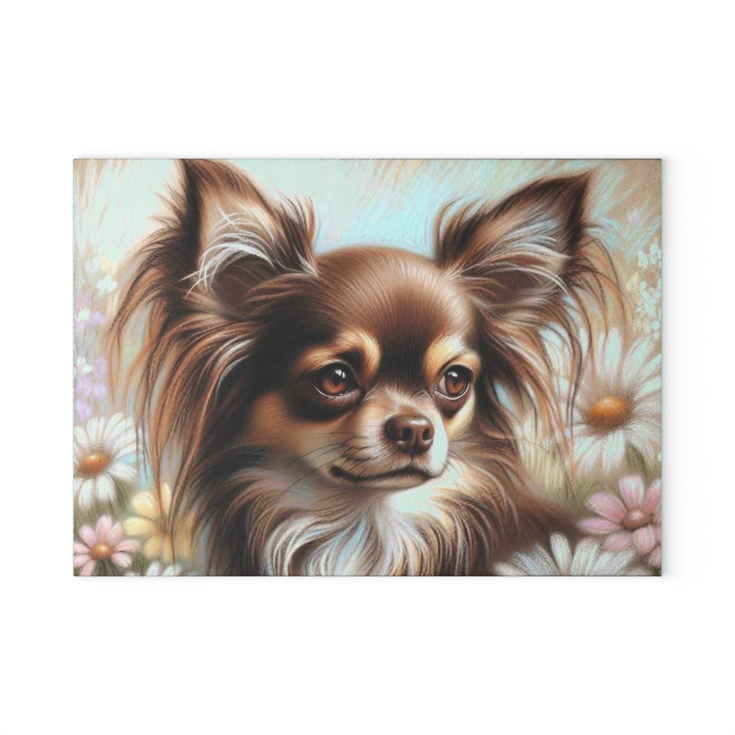 🌼 Long-Haired Chihuahua Cutting Board – Delicate Florals & Big Personality Charm 🐾