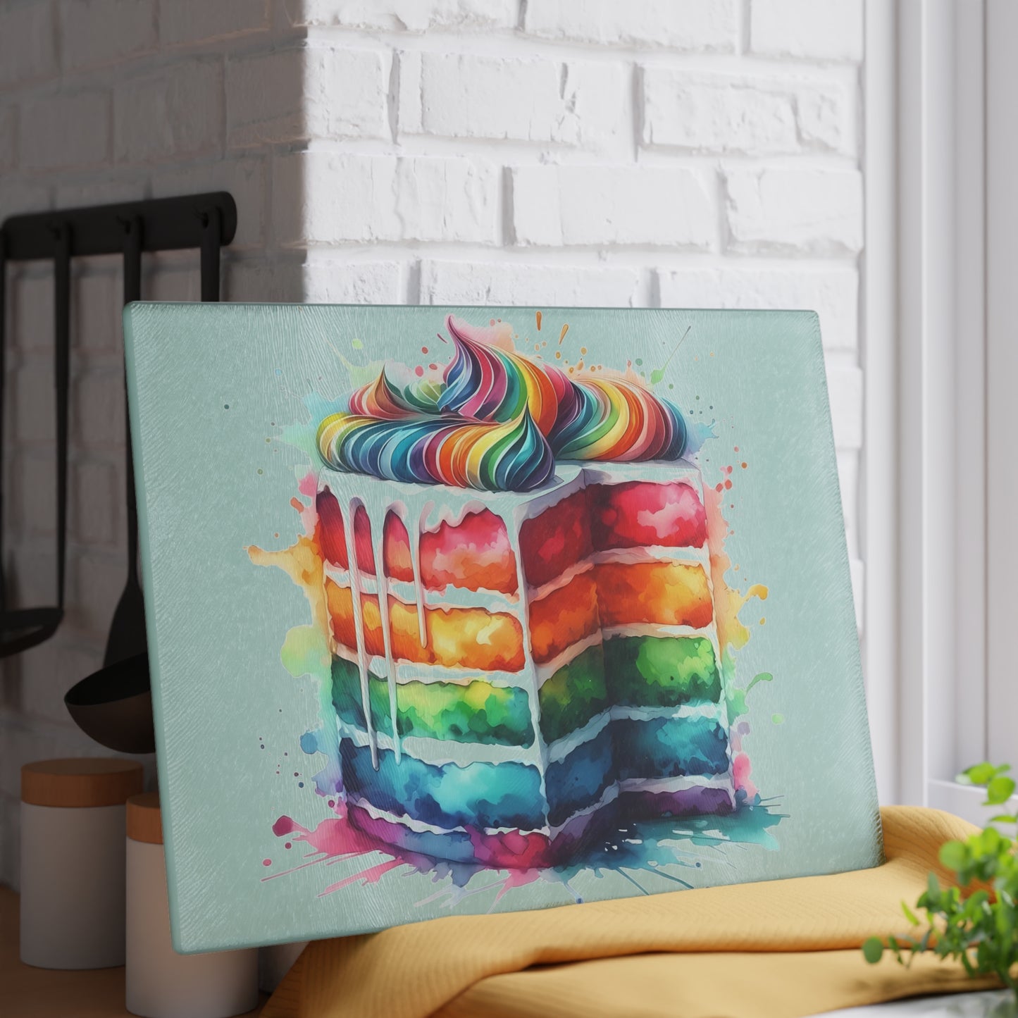 Tabla de cortar de vidrio templado con diseño de pastel arcoíris