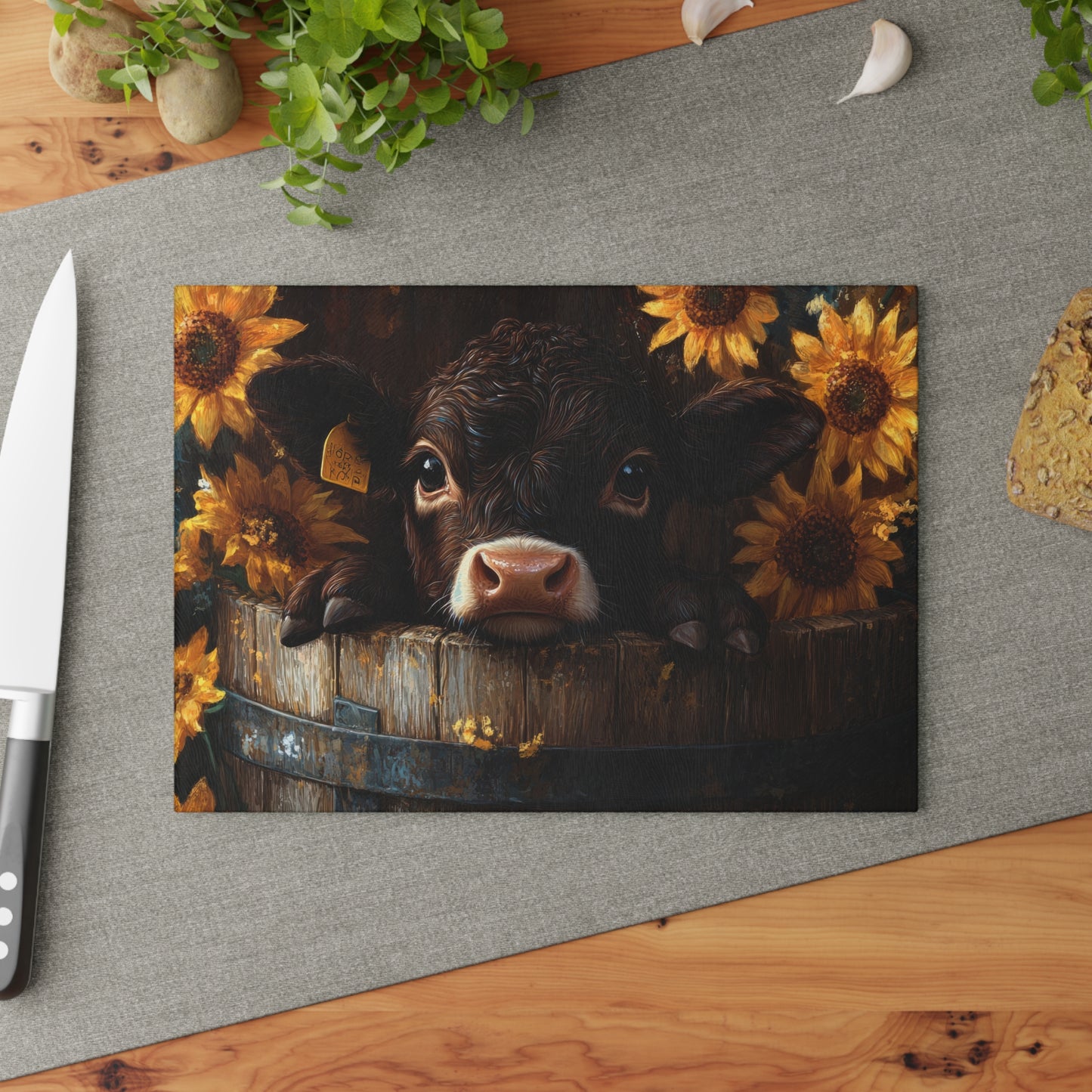 🌻🐄 Rustic Sunflower Calf Cutting Board – Farmhouse Charm Meets Country Elegance 🌾✨