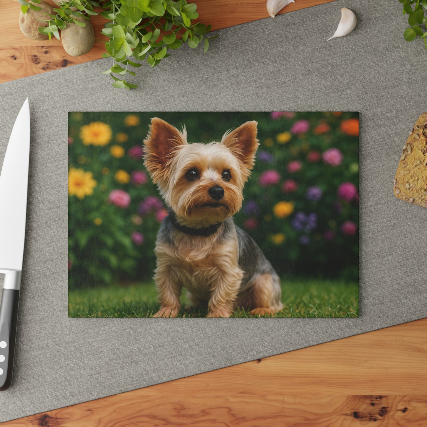 ๐๐ธ Yorkie in the Garden Cutting Board โ Blooming Charm for Your Kitchen ๐ผ