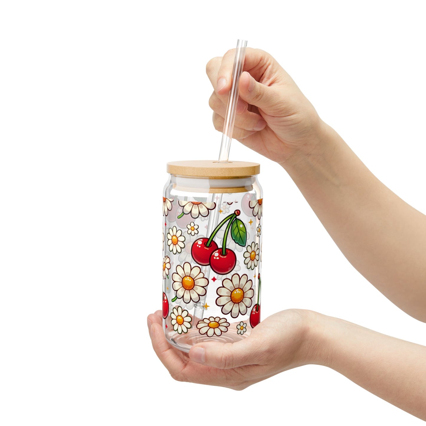🍒🌼 Cherry & Daisy Delight Sipper Glass – Sweet Retro Fun for Every Sip 💫