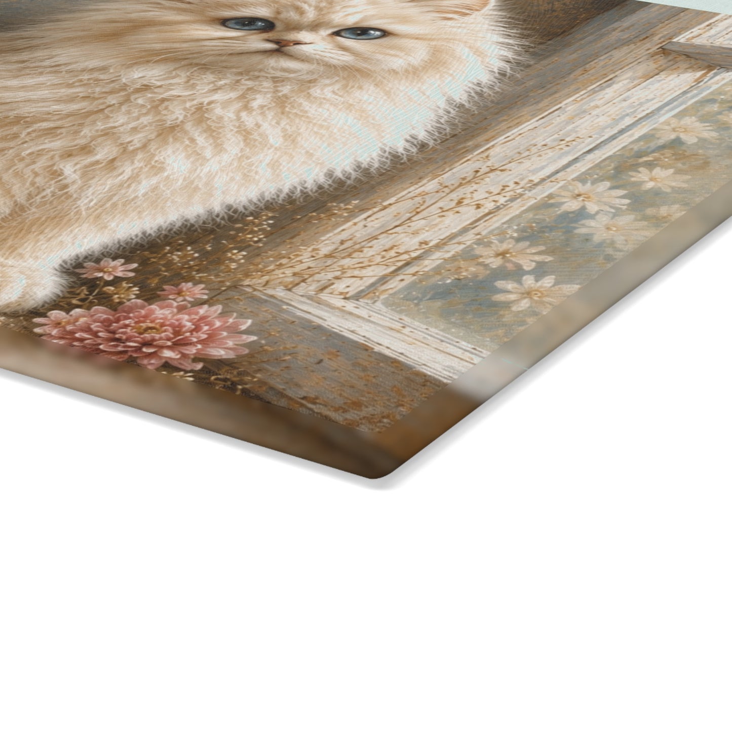 Fluffy White Cat Tempered Glass Cutting Board Description