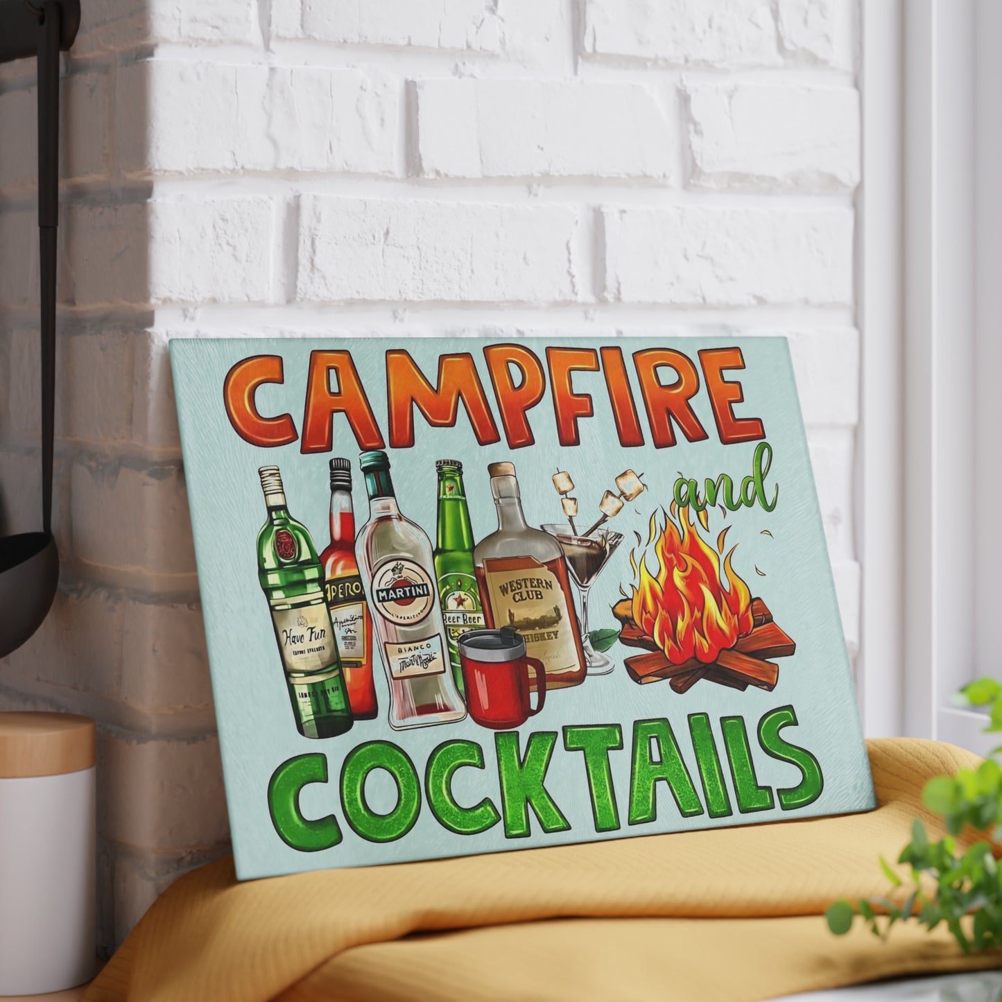 Tabla de cortar para fogatas, decoración con temática de whisky, decoración para entretenimiento al aire libre, cócteles para fogatas, regalo de bar único, decoración de aventuras al aire libre