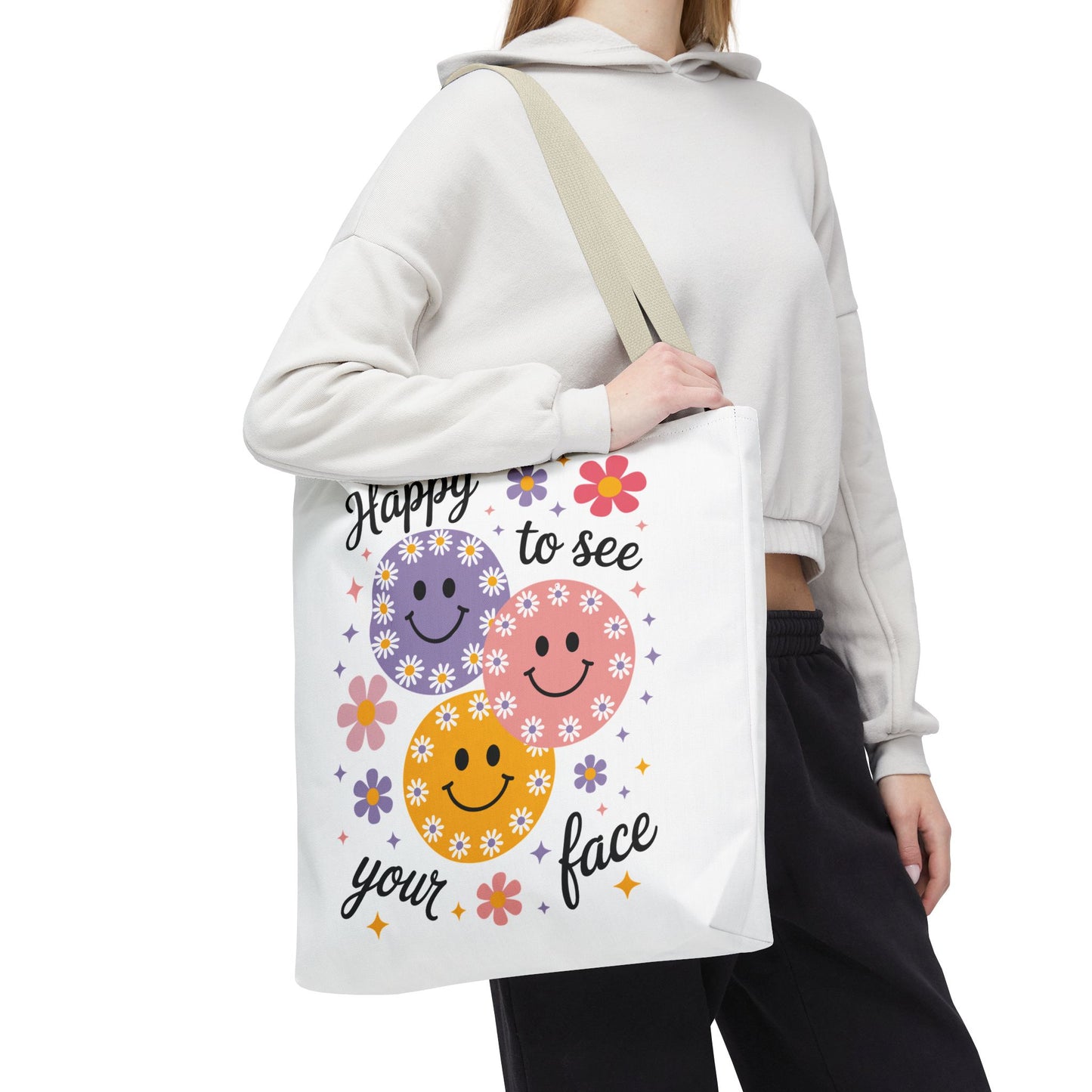 ๐ผ Happy Face Daisy Tote Bag โ Retro Smiles with Floral Charm ๐ธ
