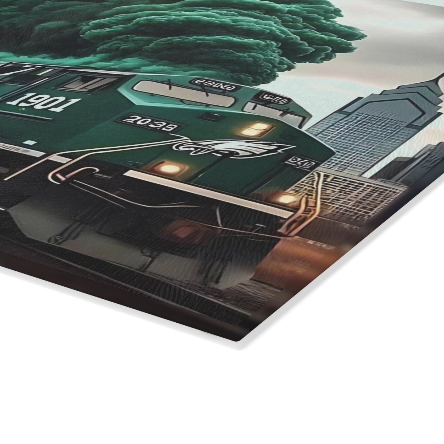 Tabla de cortar de vidrio Express verde oscuro y plateado: arte de tren con un toque atrevido para cocinas atemporales y audaces