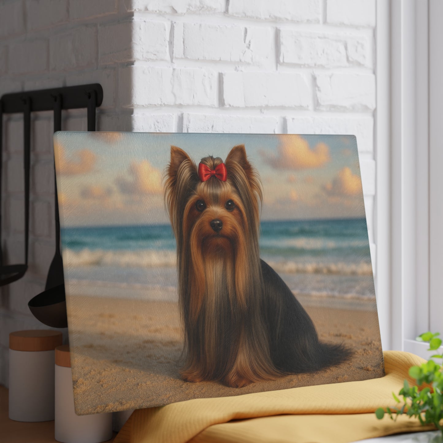 🐾🌊 Yorkie at the Beach Cutting Board – Coastal Glamour for Your Kitchen 🌴
