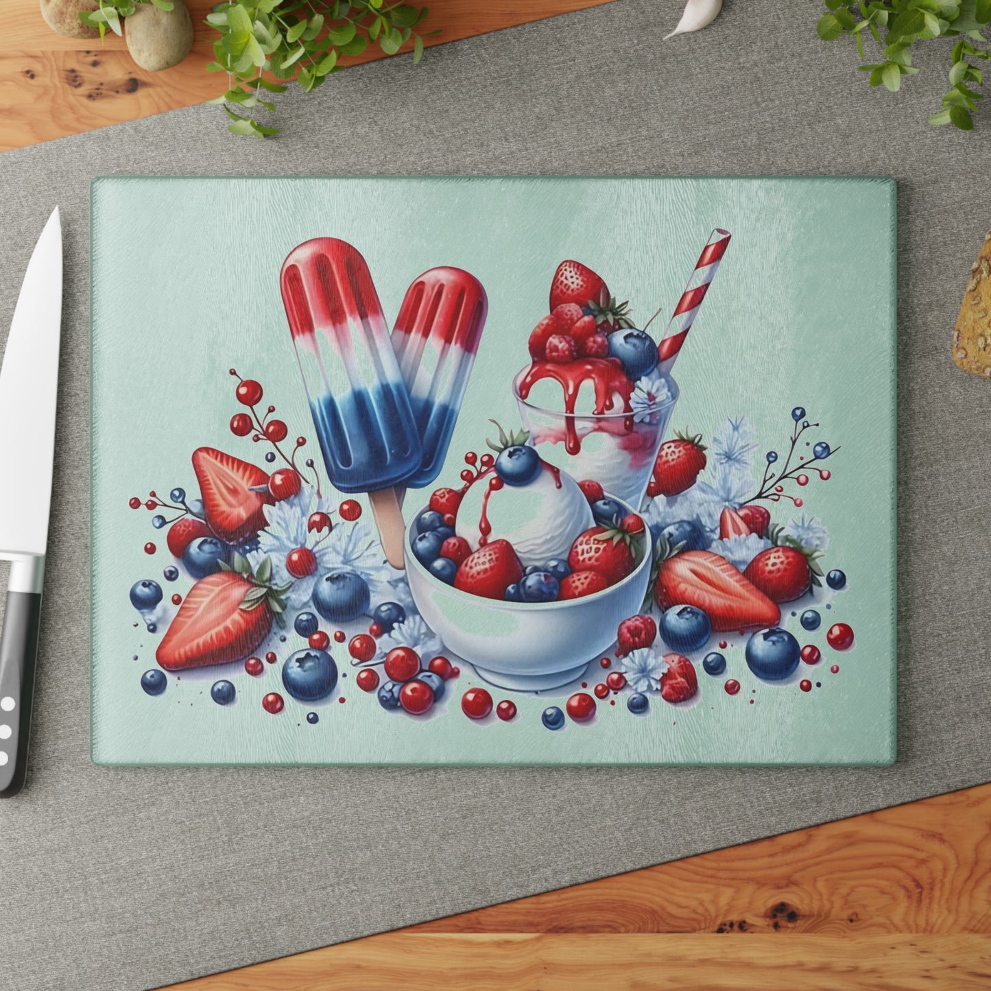 Tabla de cortar de vidrio para postres del 4 de julio: un dulce estilo patriótico para celebraciones de verano