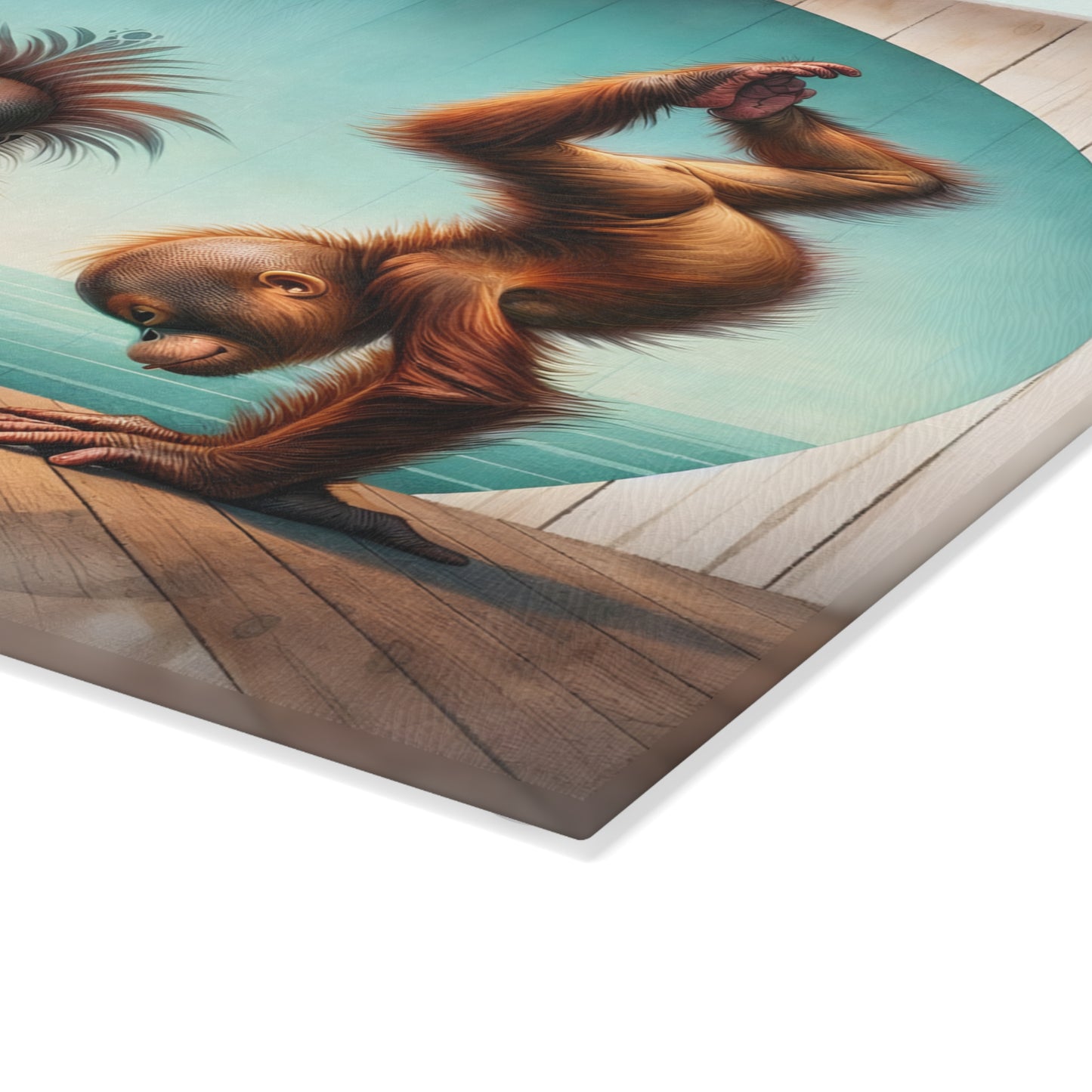 Playful Orangutan Yoga Glass Cutting Board – Whimsical Animal Art Kitchen Display