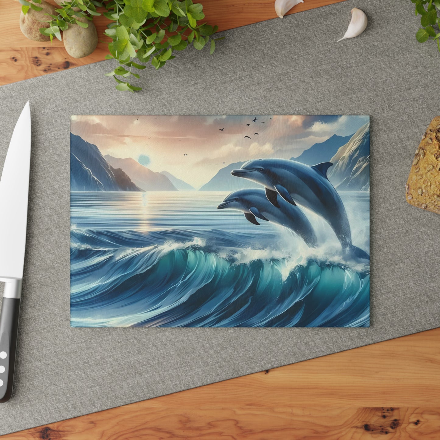 🌊🐬 Ocean Wave Dolphins Cutting Board – Coastal Elegance for Your Kitchen 🐬🌊