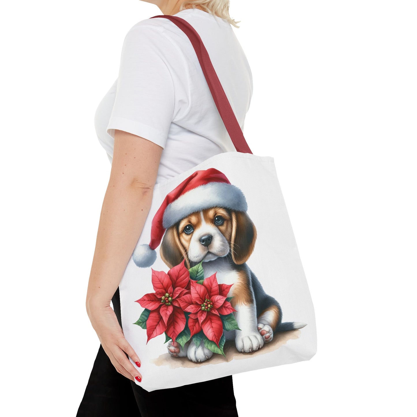 🐶 Beagle Puppy & Poinsettia Christmas Tote Bag – Sweet Holiday Charm in Every Step 🎄