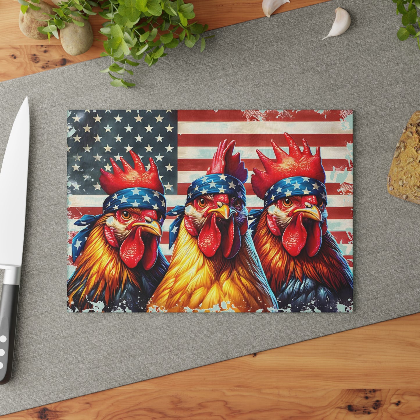 🐓🇺🇸 Patriotic Rooster Bandana Cutting Board – Bold Farmhouse Americana Kitchen Décor 🌾✨