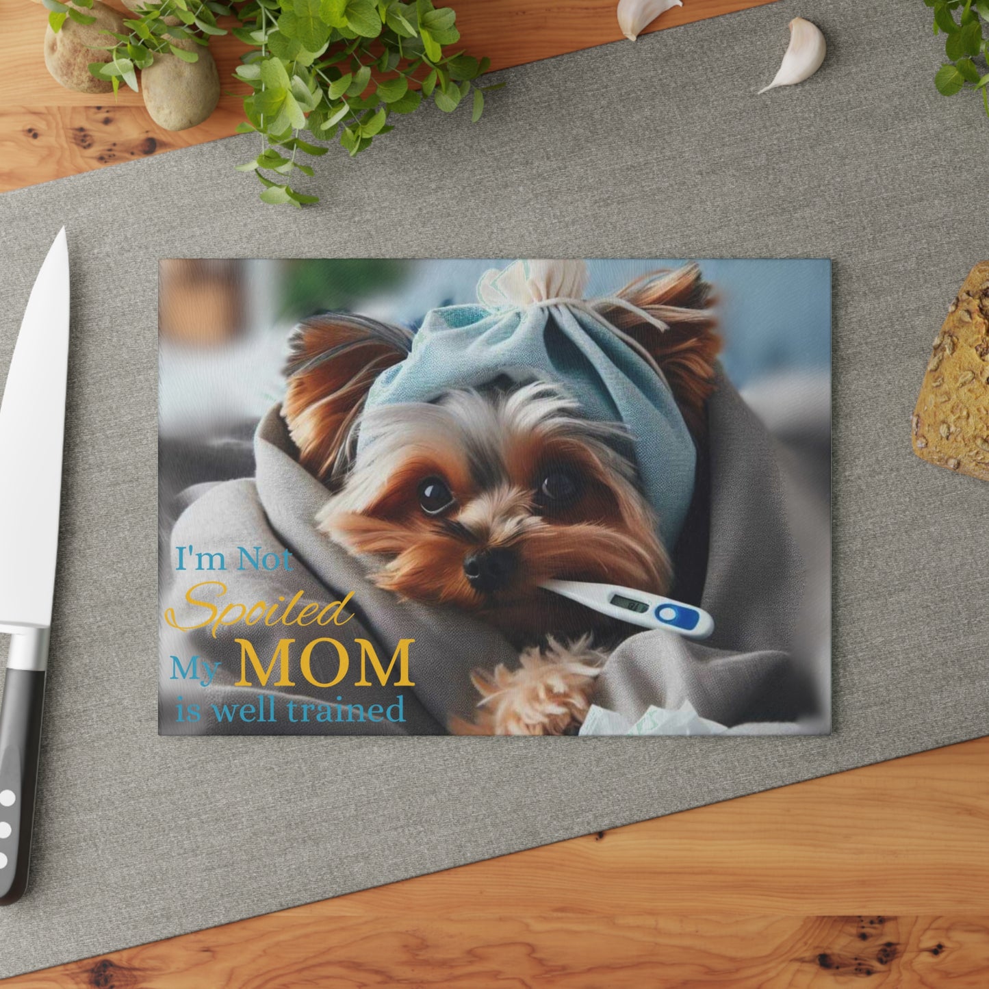 🐾 “Not Spoiled – Just Well Trained” Yorkie Cutting Board – Cute Comfort for Dog Moms 💛