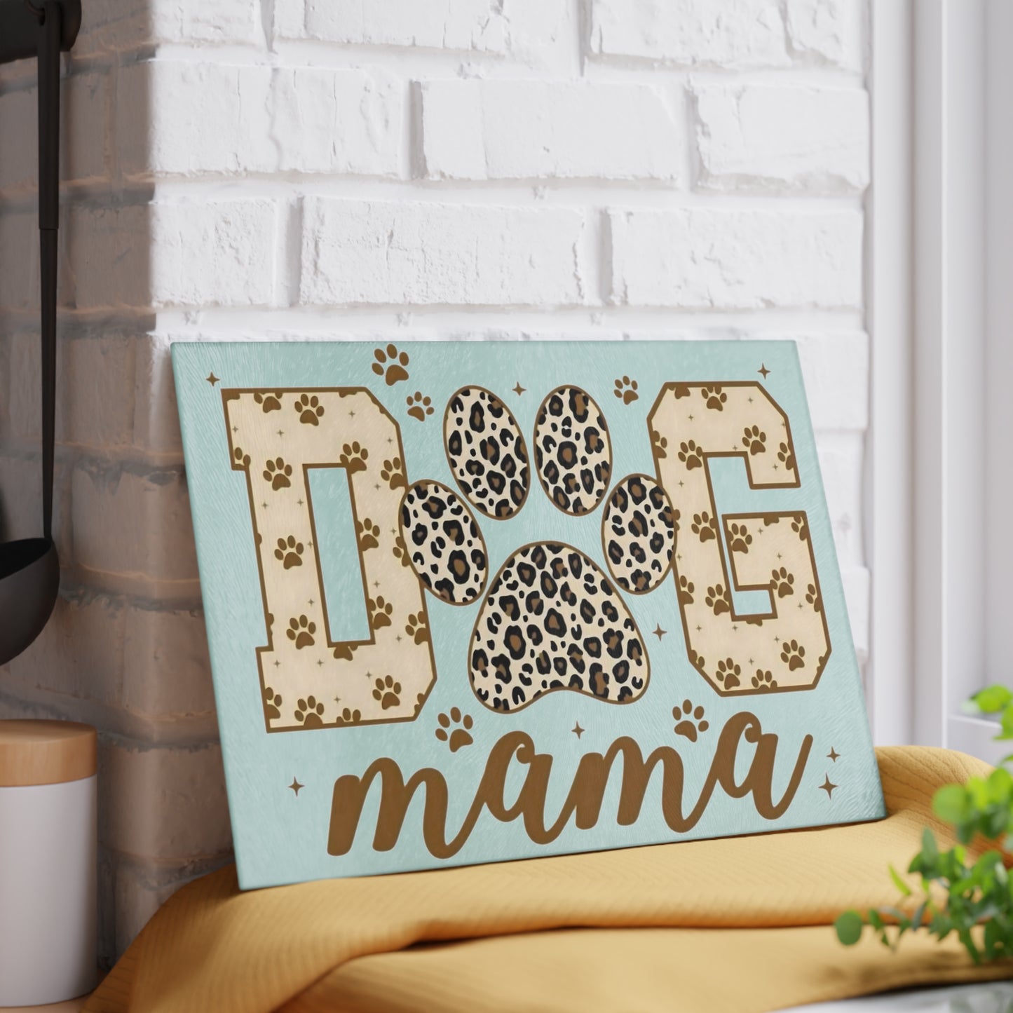 Tabla de cortar de vidrio templado Dog Mama – Diseño de huella de leopardo