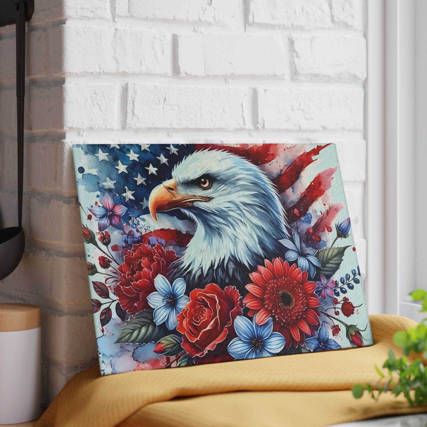 Tabla de cortar con diseño de águila calva y bandera estadounidense, regalo único, tabla de cortar de vidrio, tabla de charcutería, tabla de cortar personalizada, flores