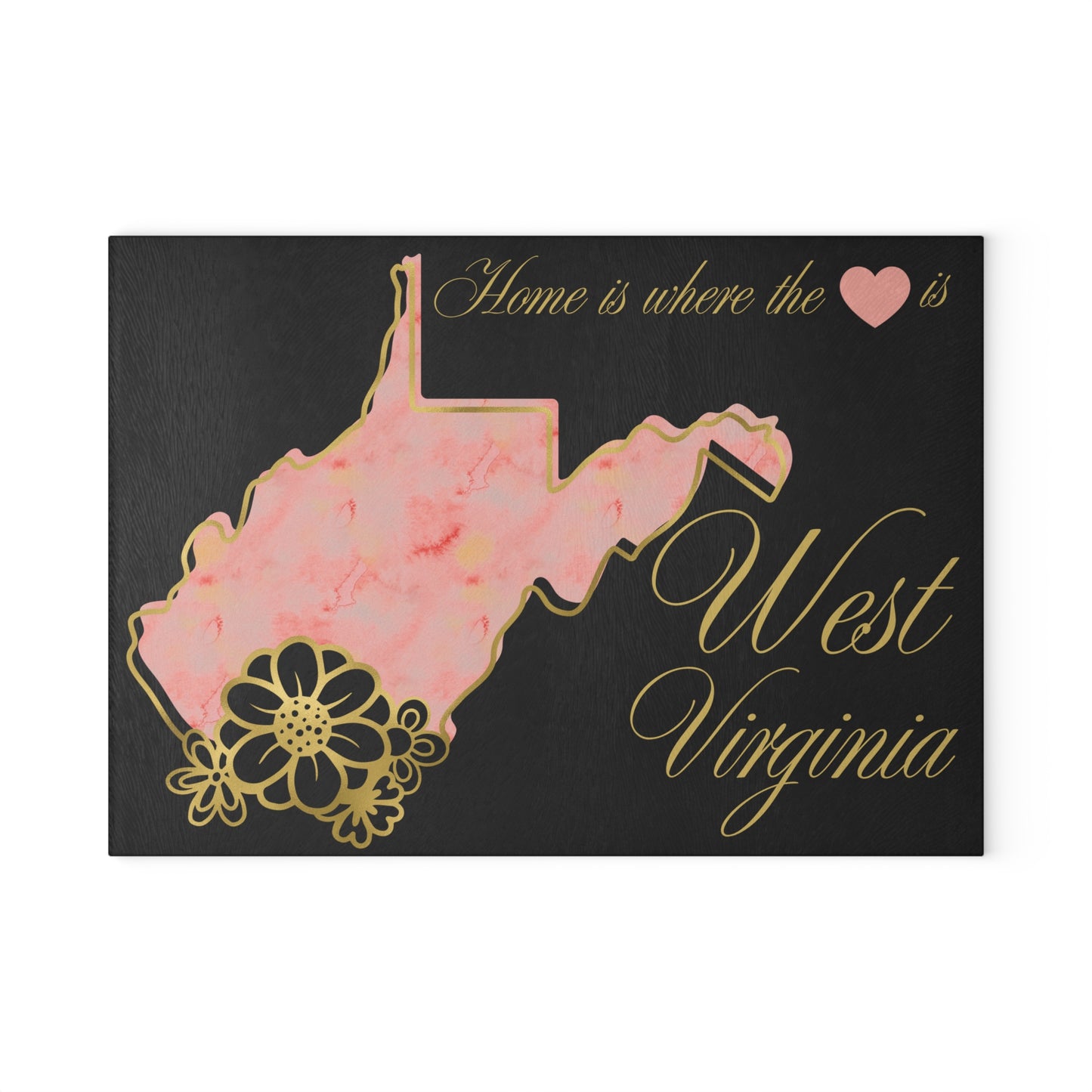 🏡 West Virginia Floral State Cutting Board – “Home is Where the Heart Is” in Blush & Gold 🌸