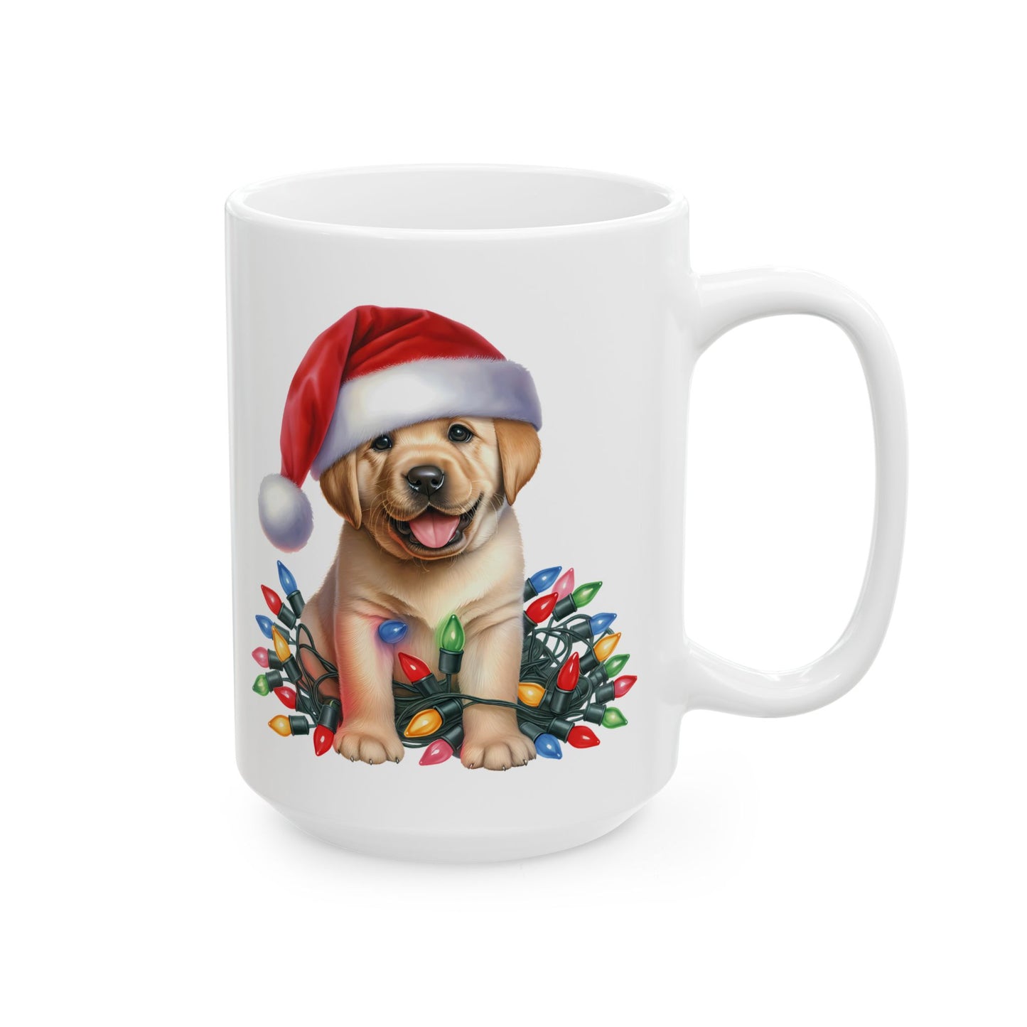 🎄 Labrador Puppy Christmas Mug – Santa Hat & Holiday Lights Cheer 🐾