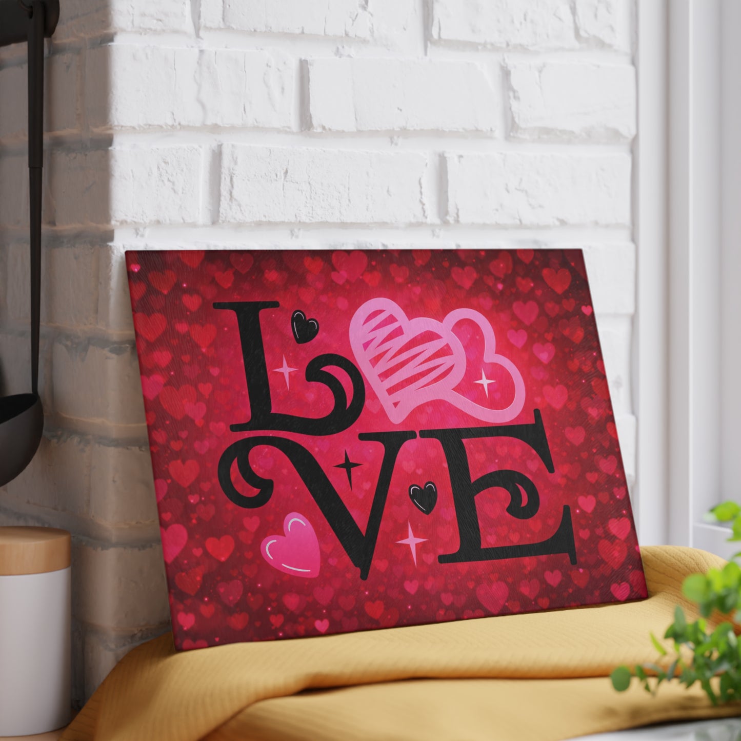 LOVE Heart Typography Glass Cutting Board – Romantic Red Heart Design for Meaningful Home Decor