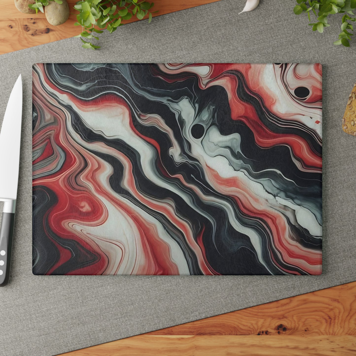 Tabla de cortar de vidrio con diseño de mármol rojo, negro y blanco: decoración de cocina moderna inspirada en el mármol, un regalo elegante y funcional.