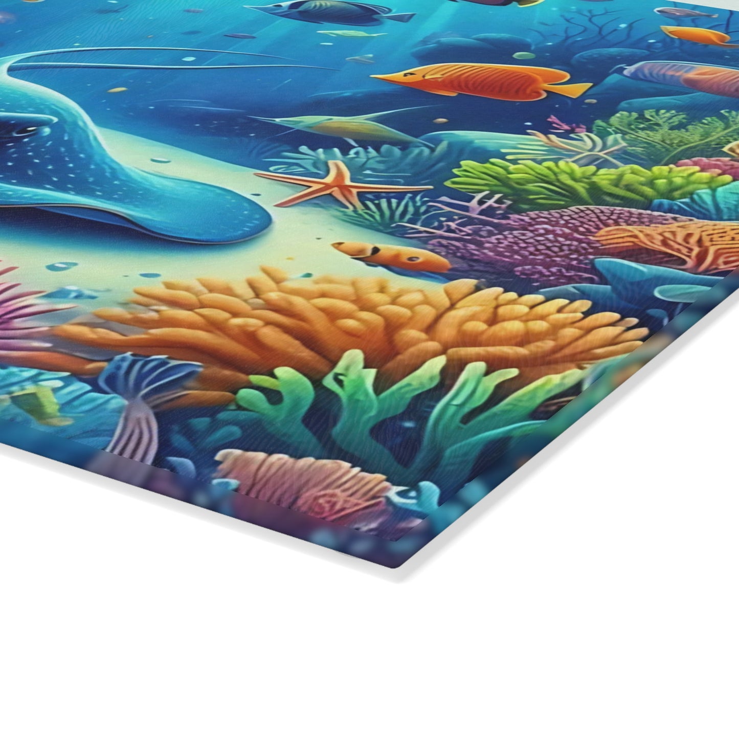 Stingray & Coral Reef Glass Cutting Board – Ocean Life Kitchen Decor with Saltwater Fish