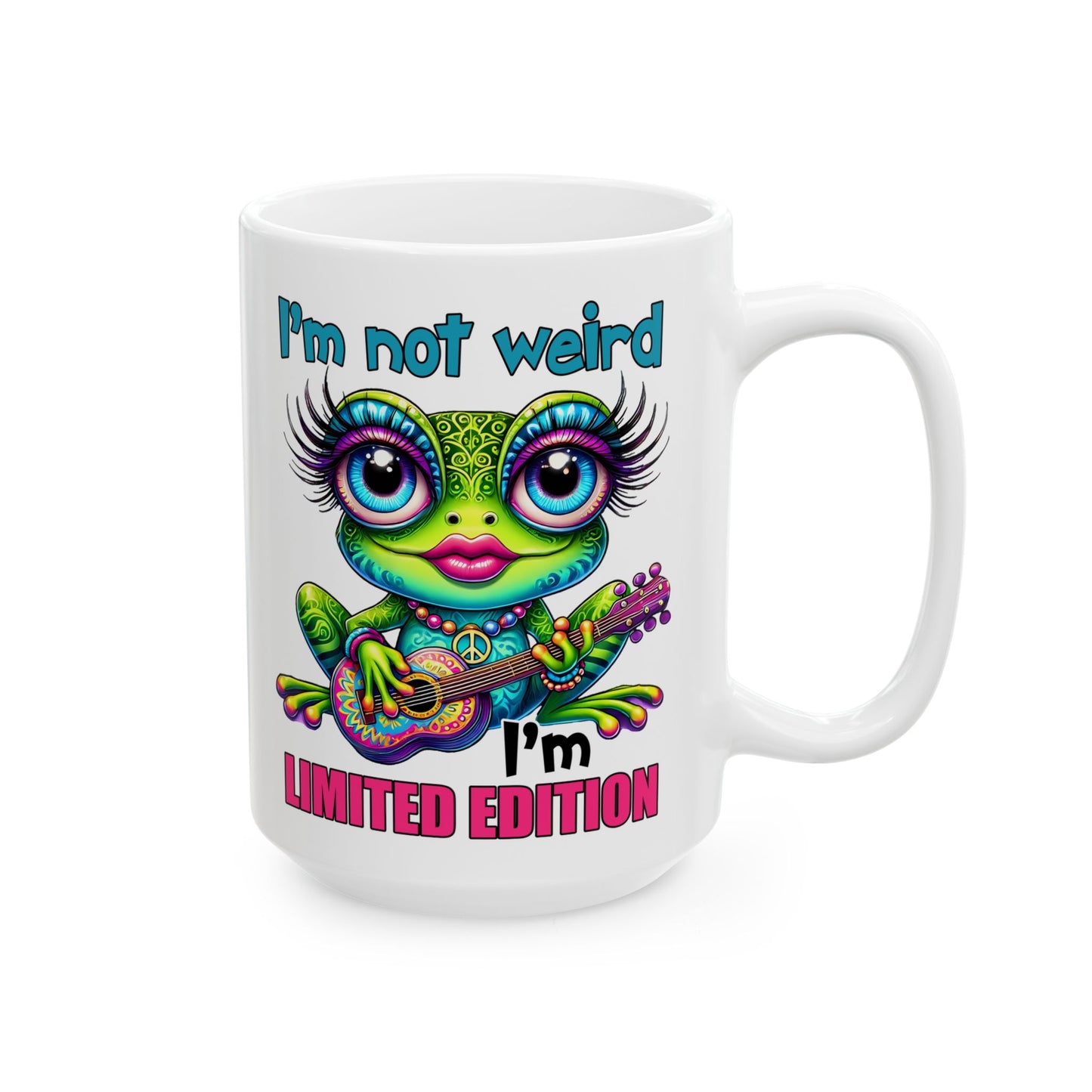 🌀 No soy raro, soy edición limitada: taza colorida de rana hippie con guitarra y actitud