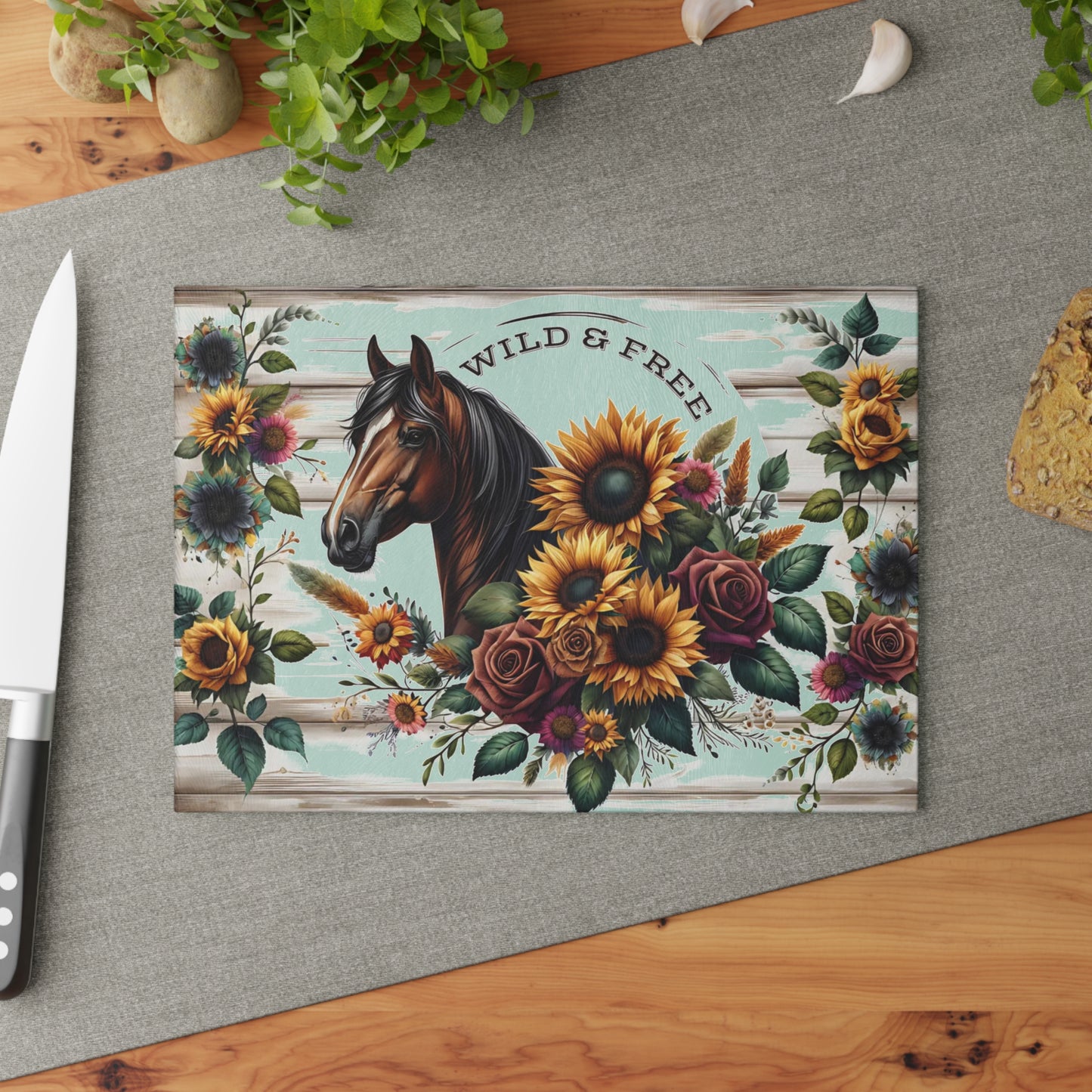 🌻🐎 Wild & Free Horse Cutting Board – Rustic Farmhouse Charm with Sunflowers & Roses 🌹🌾