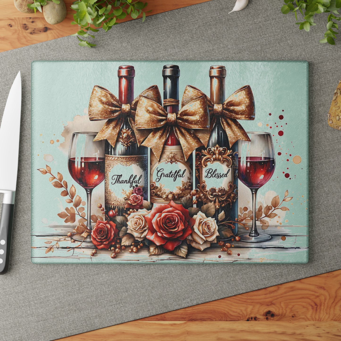 🍷 Thankful, Grateful, Blessed Wine Bottle Cutting Board – Elegant Holiday Kitchen Décor