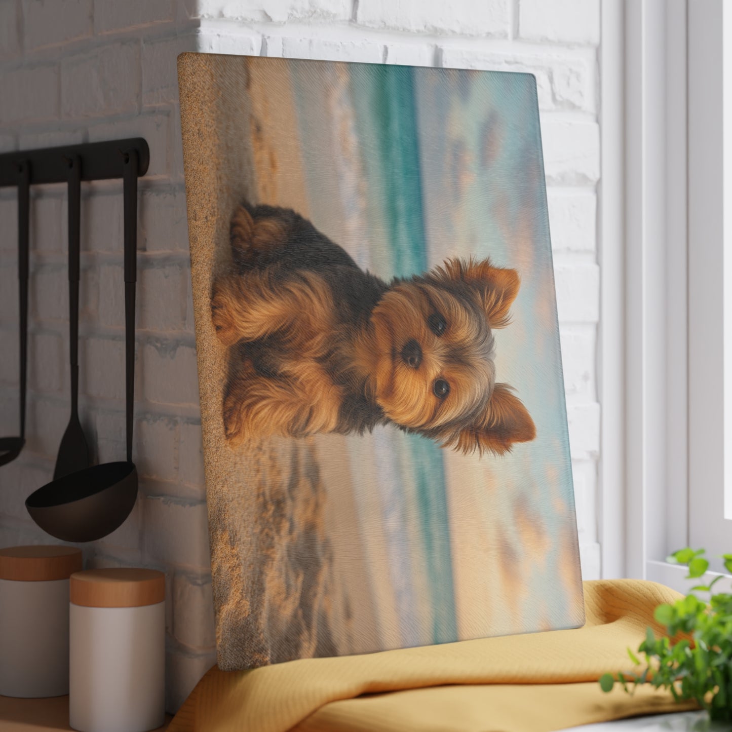 ๐พ๐ Yorkie Puppy at the Beach Cutting Board โ Coastal Cuteness for Your Kitchen ๐