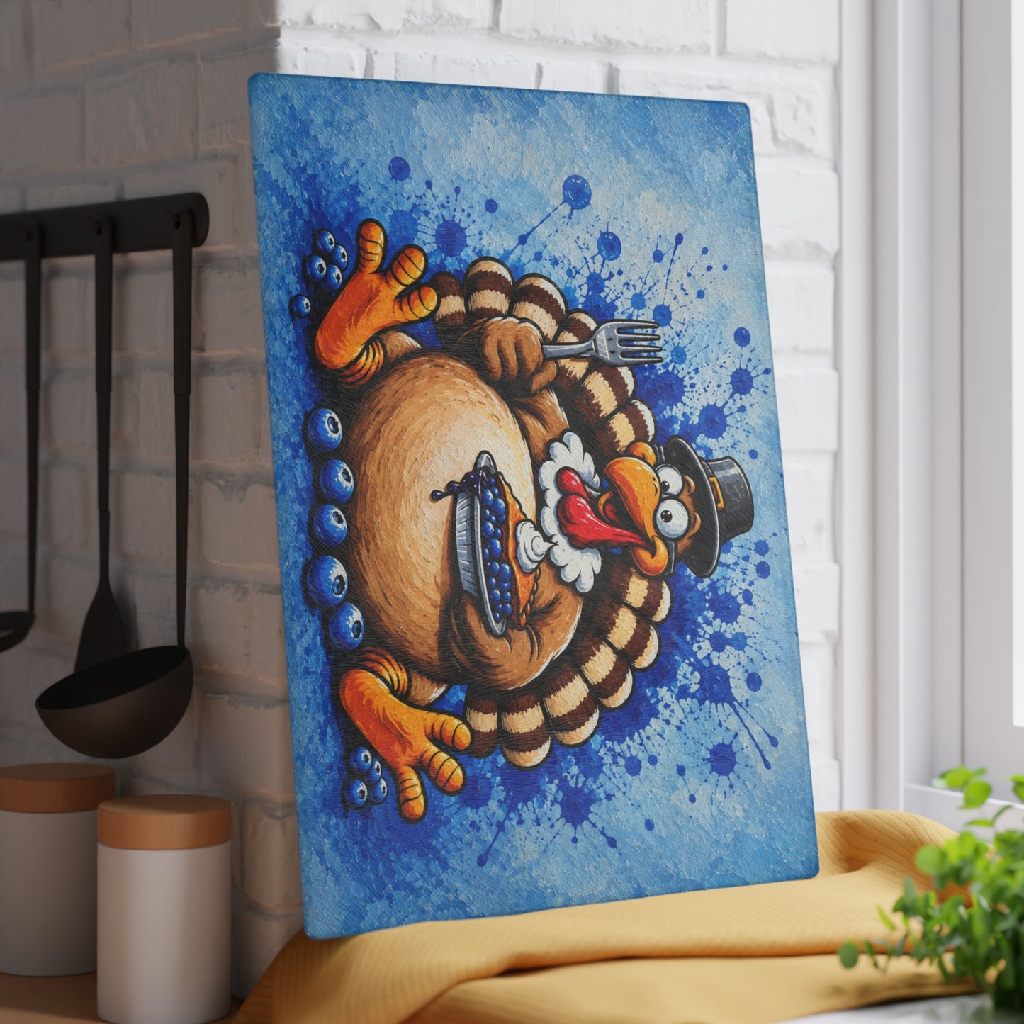 Funny Thanksgiving Turkey & Blueberry Pie Glass Cutting Board – Whimsical Holiday Kitchen Decor