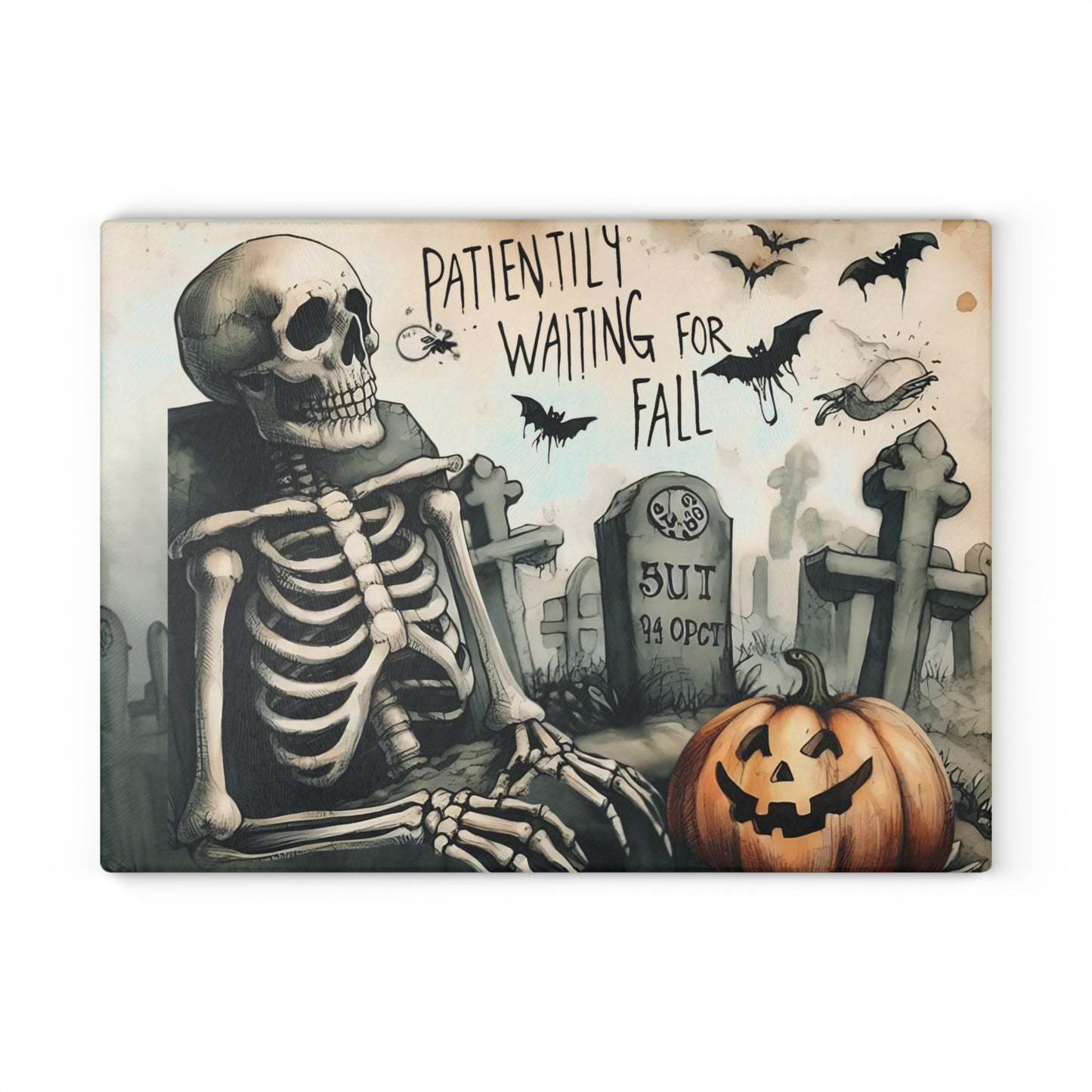 💀 Patiently Waiting for Fall Cutting Board – Graveyard Humor Meets Kitchen Fun 🎃