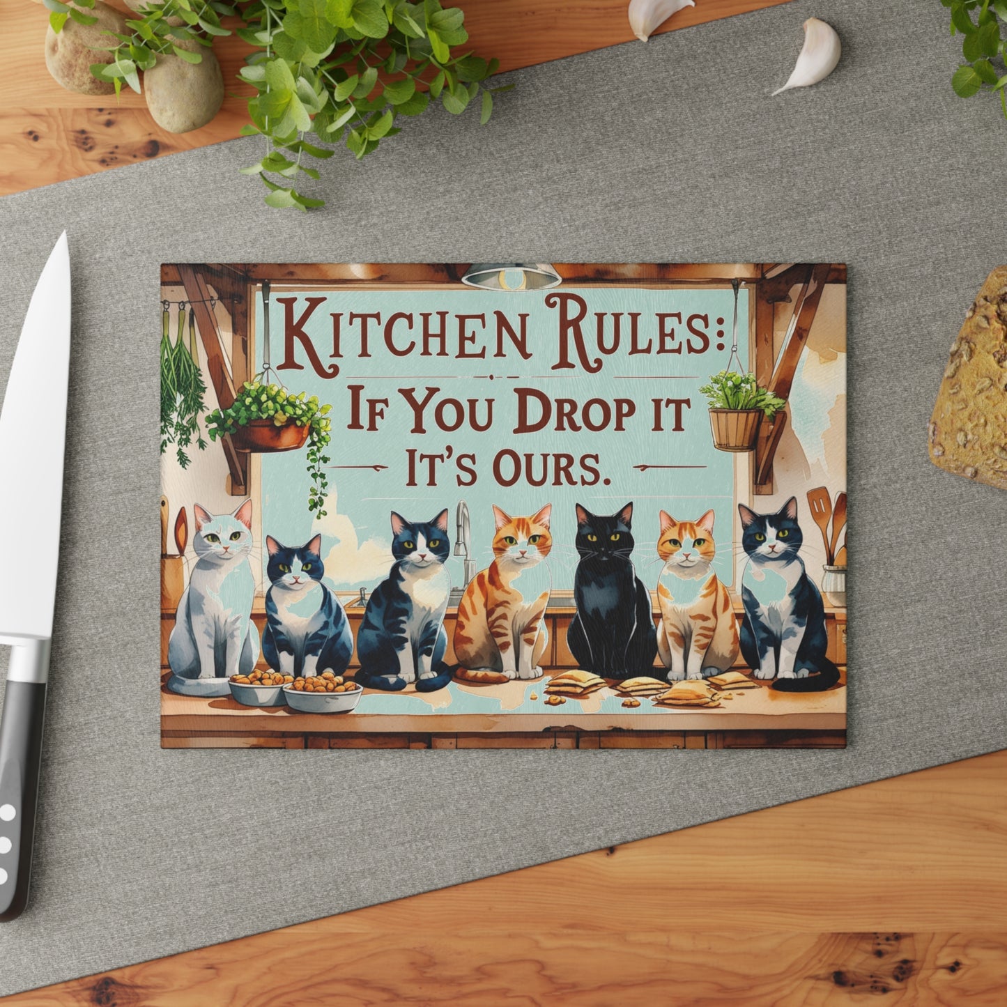 🐱🍴 Kitchen Rules Cat Cutting Board – “If You Drop It, It’s Ours” 🍴🐱