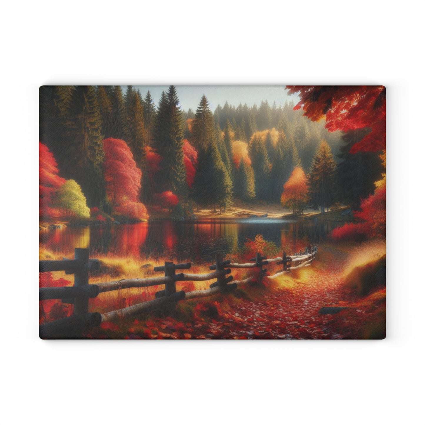 🍁 Autumn Lake Cutting Board – Peaceful Path & Golden Leaves for Your Kitchen