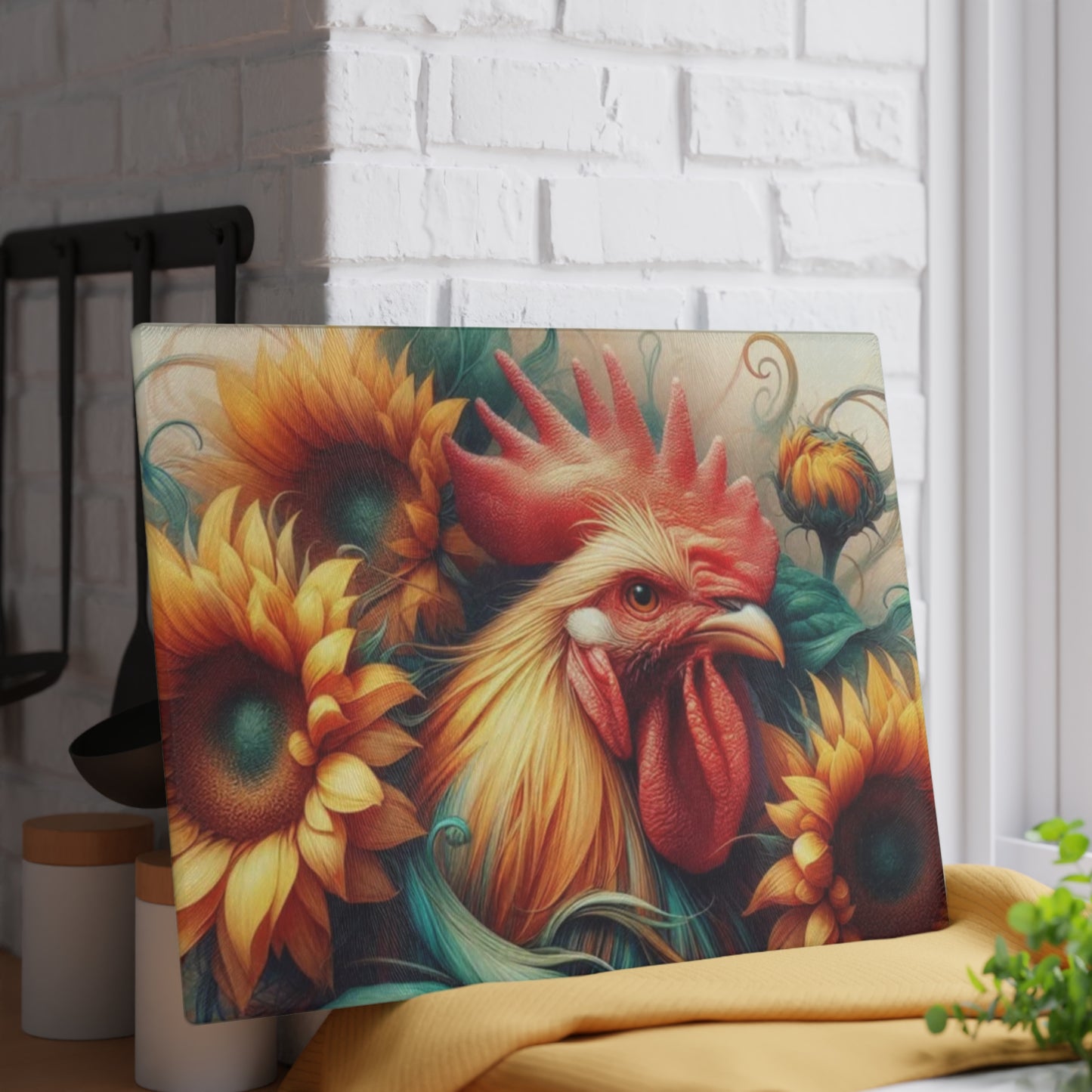 Rooster Glass Cutting Board – Rustic Farmhouse Kitchen Decor | Tempered Glass Charcuterie & Serving Board