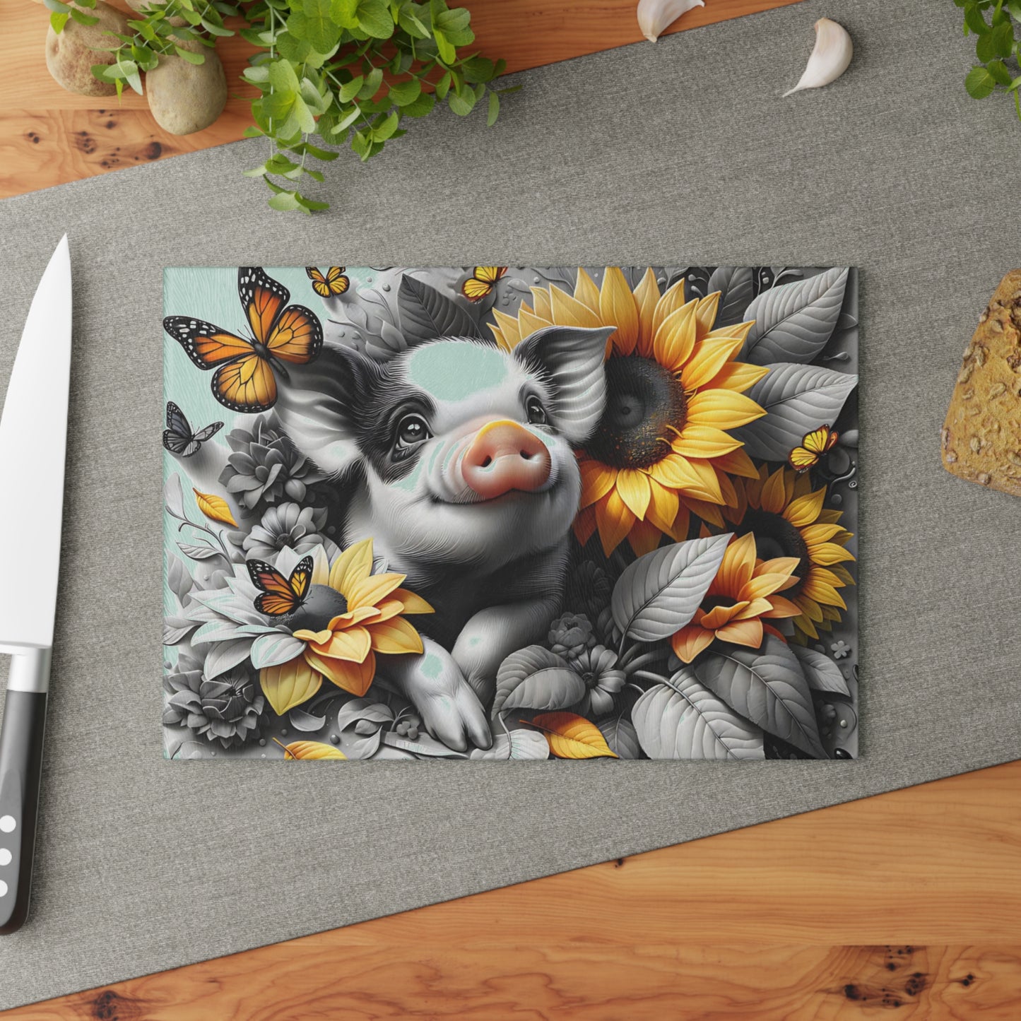 🐷 Sunflower Piglet with Butterflies Cutting Board – Farmhouse Kitchen Décor