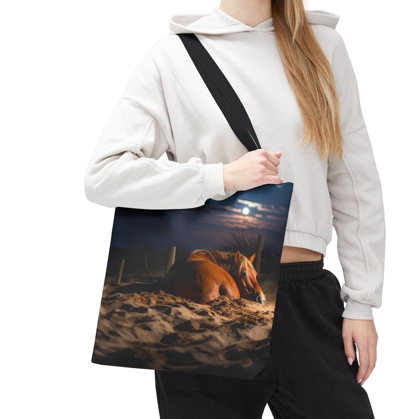 Bolsa de tela "Caballo durmiendo en la playa bajo la luz de la luna": una escapada serena a cada paso