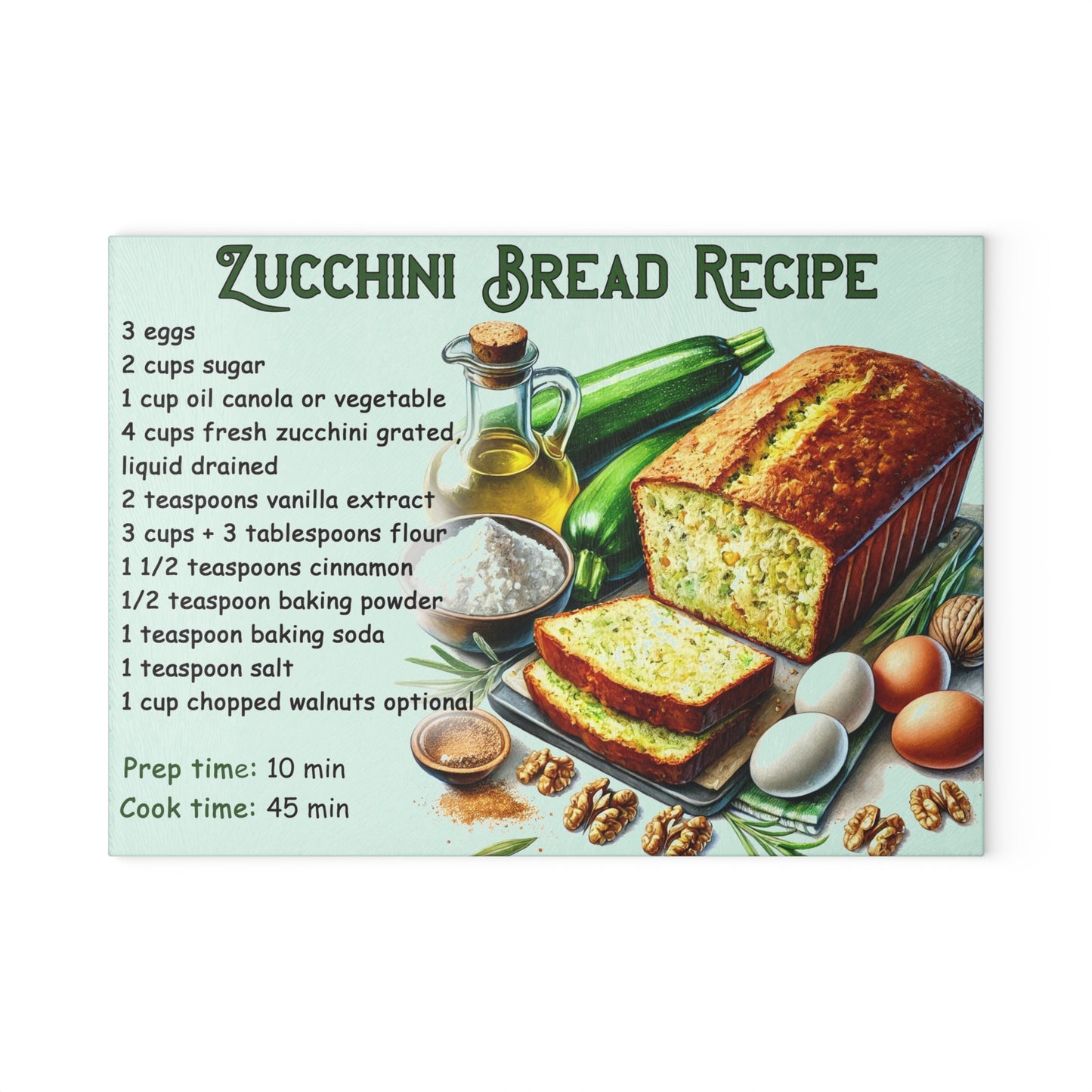 Tabla de cortar con receta de pan de calabacín: decoración de cocina encantadora con un toque delicioso