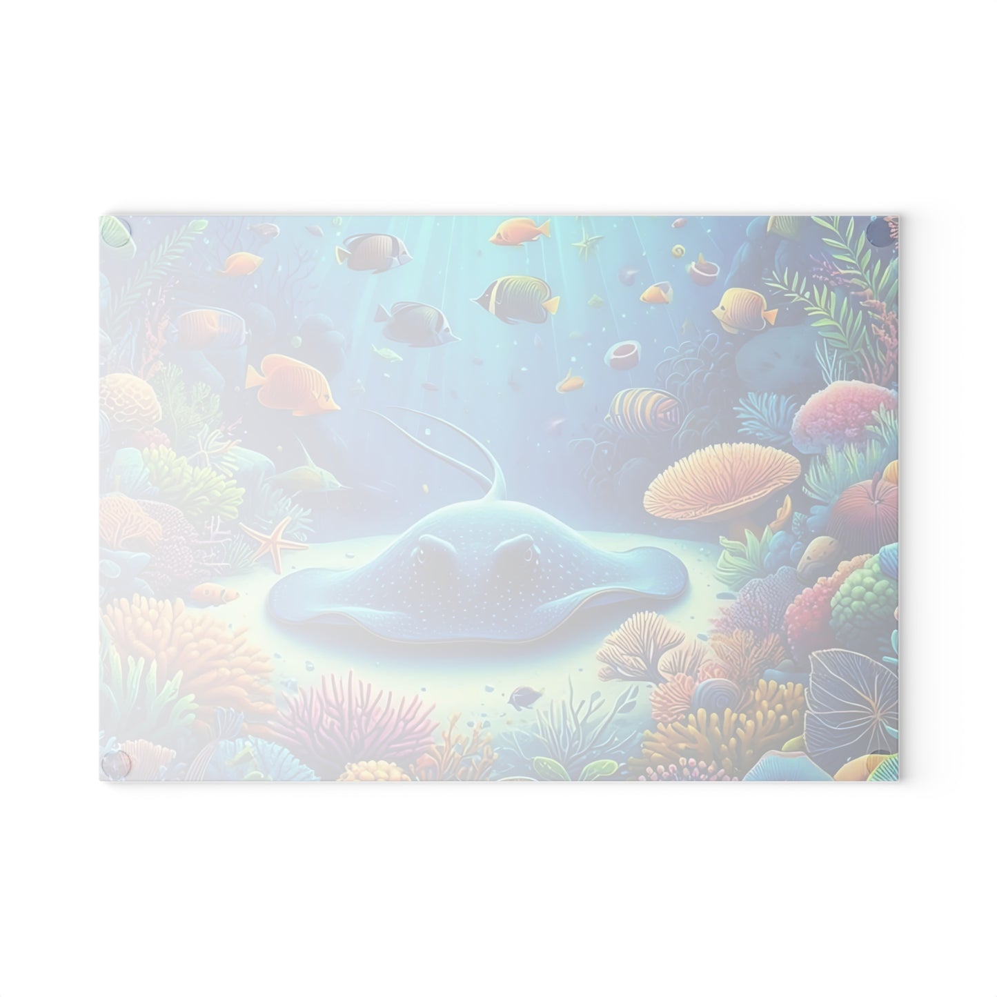 Stingray & Coral Reef Glass Cutting Board – Ocean Life Kitchen Decor with Saltwater Fish