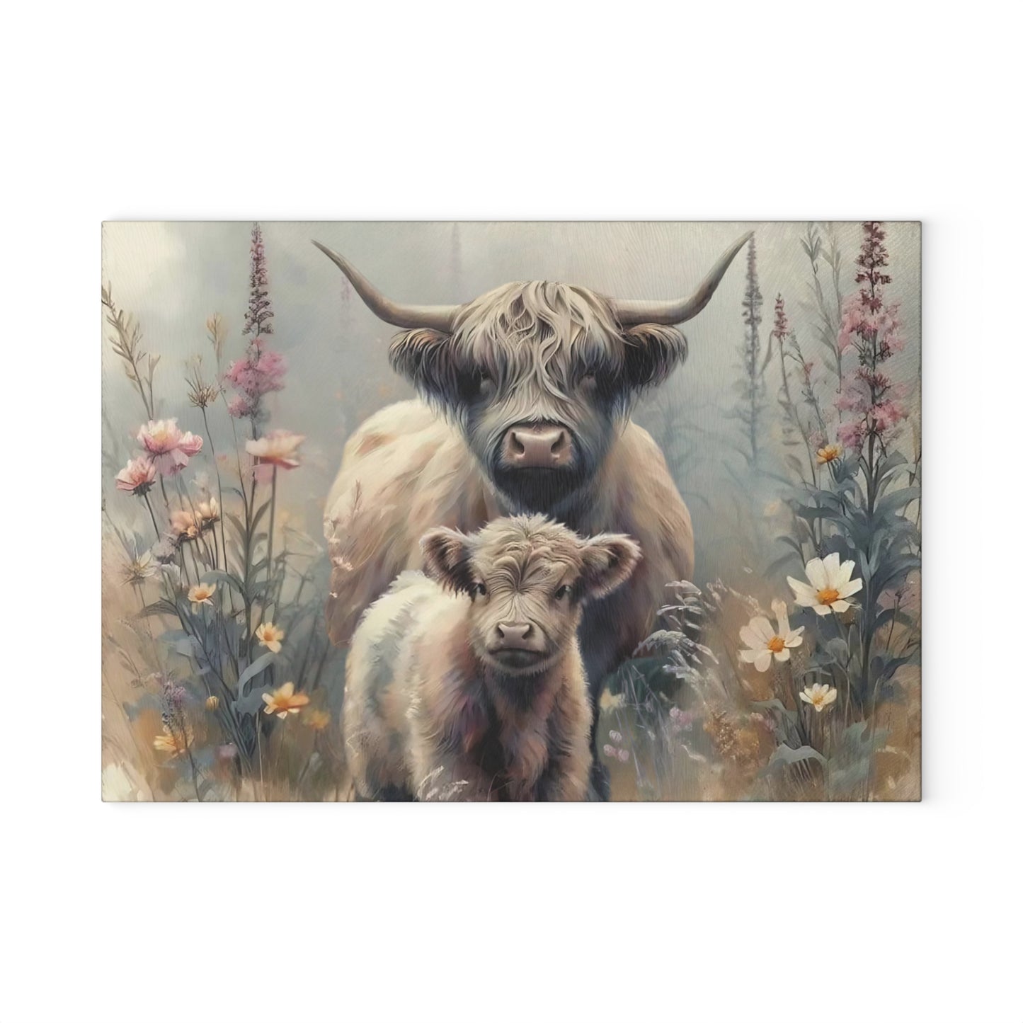 Tabla de cortar de vidrio templado con vaca y bebé de las Highlands