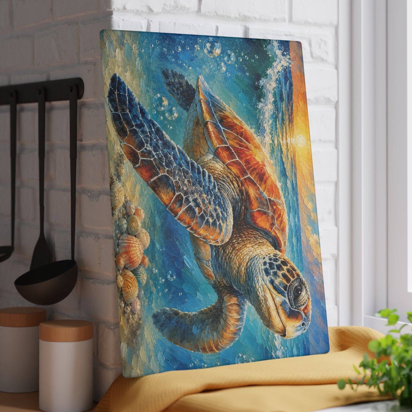 Sea Turtle Glass Cutting Board – Colorful Coastal Sea Turtle Artwork with Ocean Waves