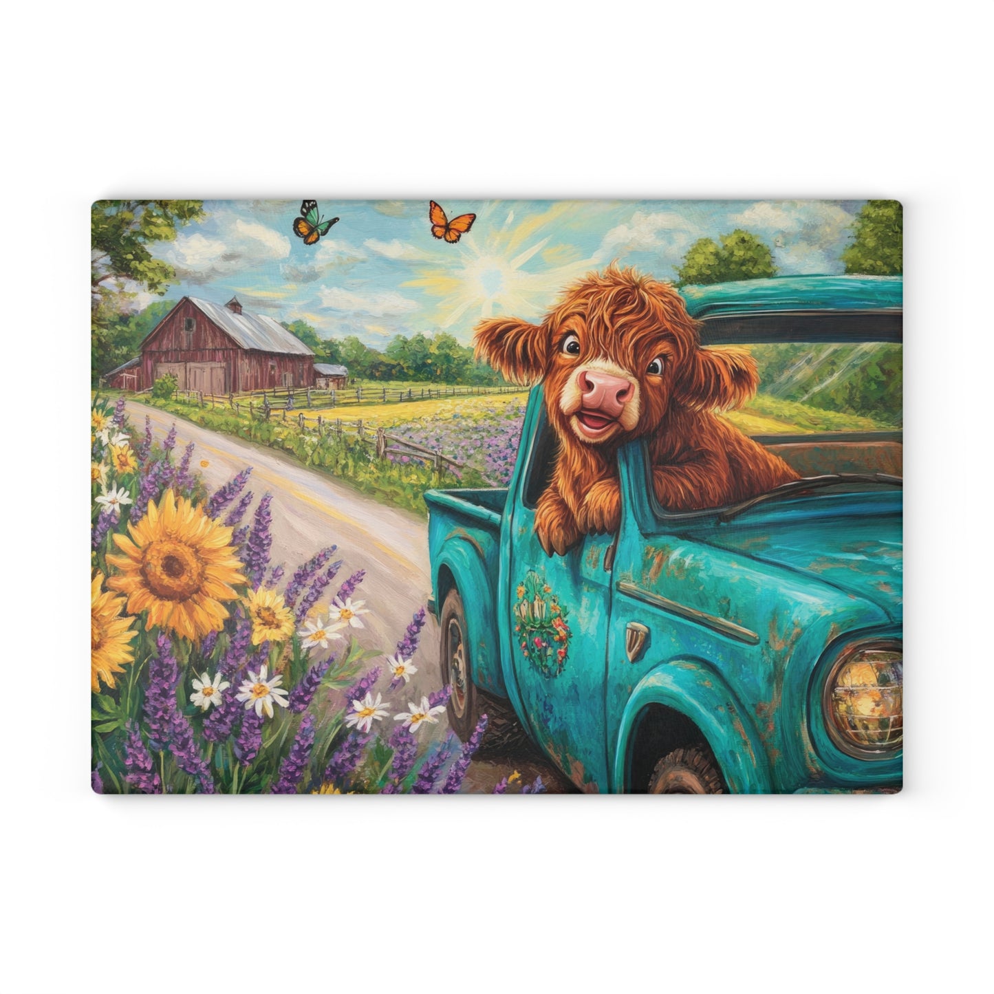 🚚🌼 Excited Baby Highland Cow in Old Truck Glass Cutting Board – Farm Road Joyride with Sunflowers & Barn 🐮🌻