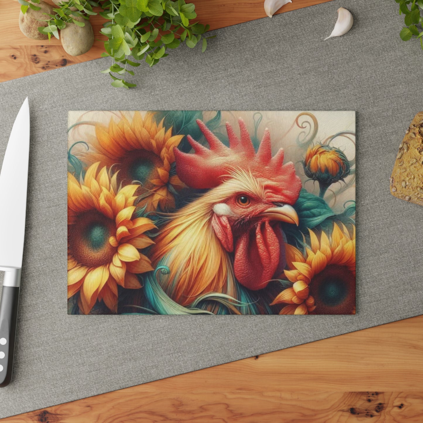 Rooster Glass Cutting Board – Rustic Farmhouse Kitchen Decor | Tempered Glass Charcuterie & Serving Board