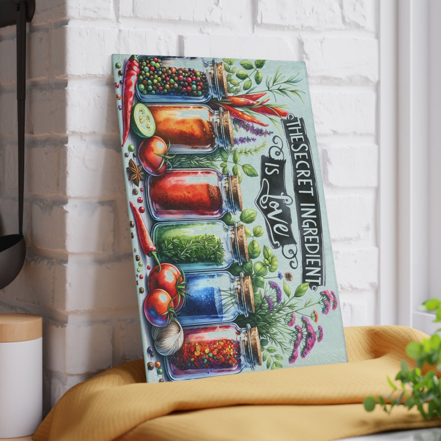 🌿 The Secret Ingredient Is Love Cutting Board – Colorful Herbs & Spices with Farmhouse Charm 🍅💚