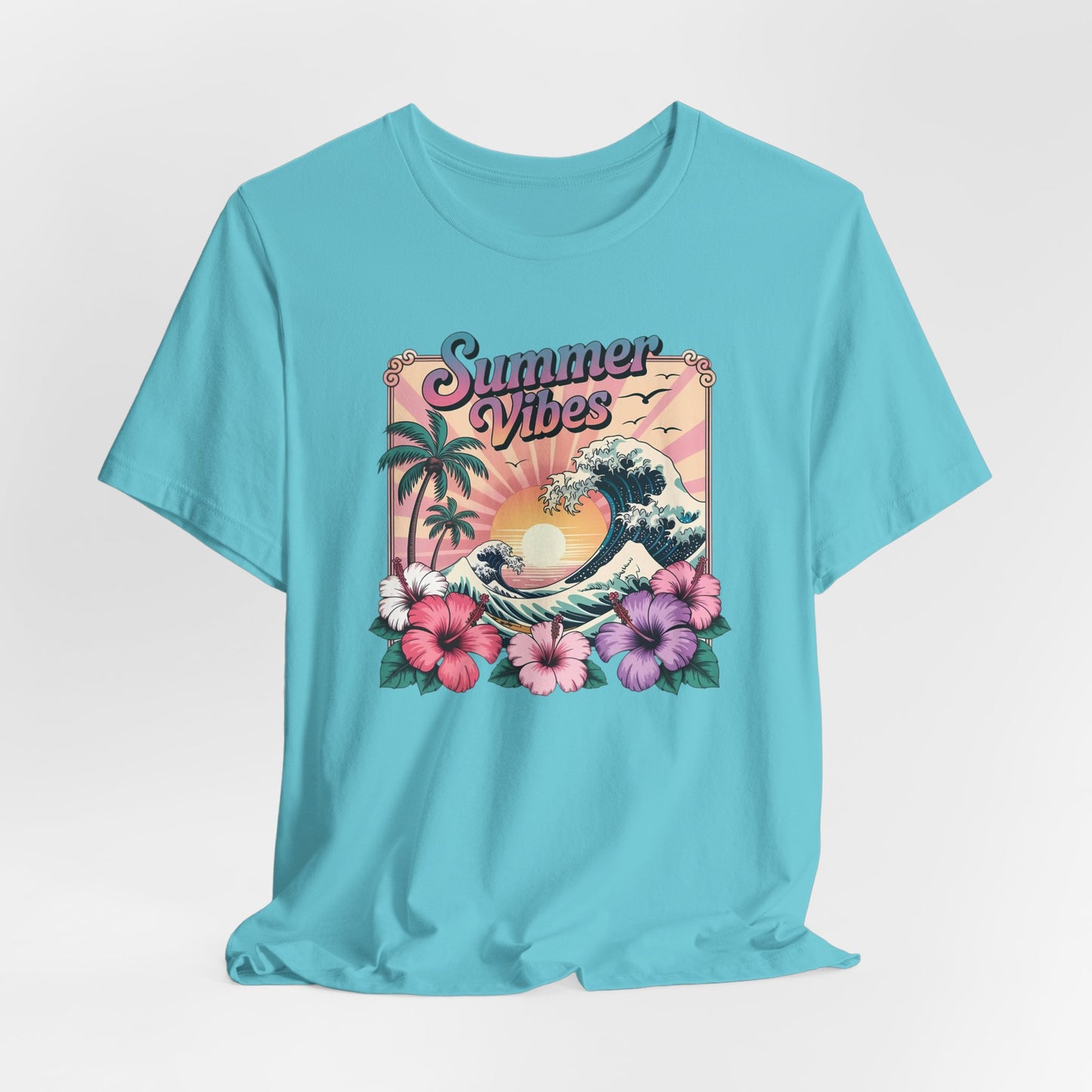 ☀️ Camiseta Summer Vibes – Ola playera vibrante, hibisco y palmeras | Camiseta gráfica para mujer