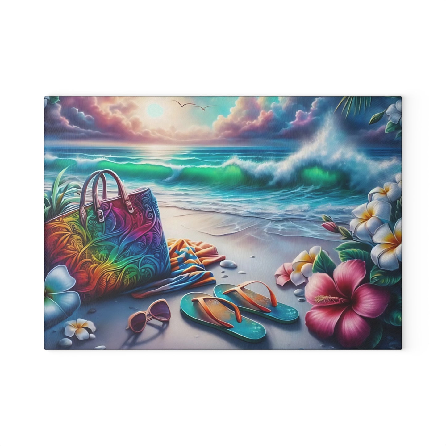 Tabla de cortar de vidrio "Día de Playa Tropical" - Decoración de cocina con ambiente veraniego, decoración costera, arte oceánico, regalo playero, tabla de cortar de vidrio, decoración de cocina tropical, aspecto pintado a mano, escena playera