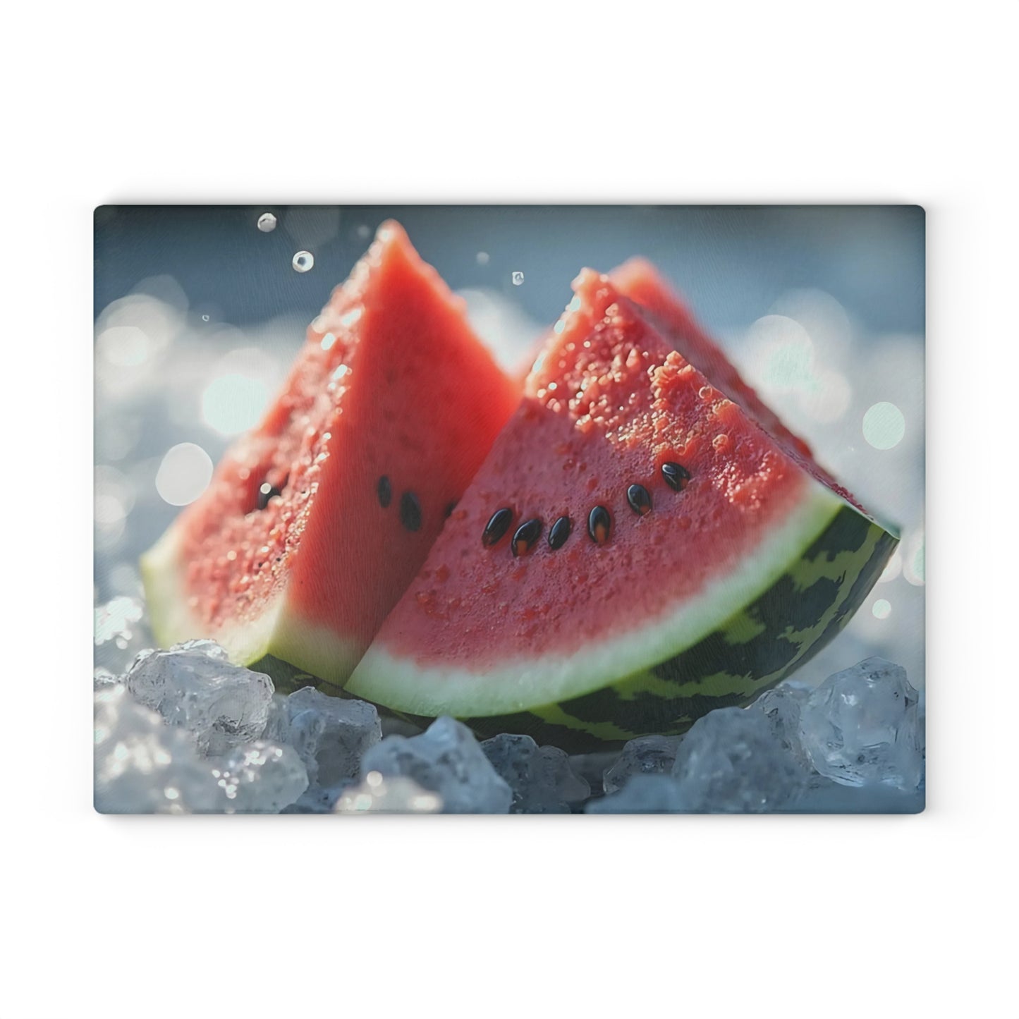 Tabla de cortar de vidrio con rodajas de sandía sobre hielo: una refrescante decoración de cocina de verano, un vibrante regalo con temática frutal.