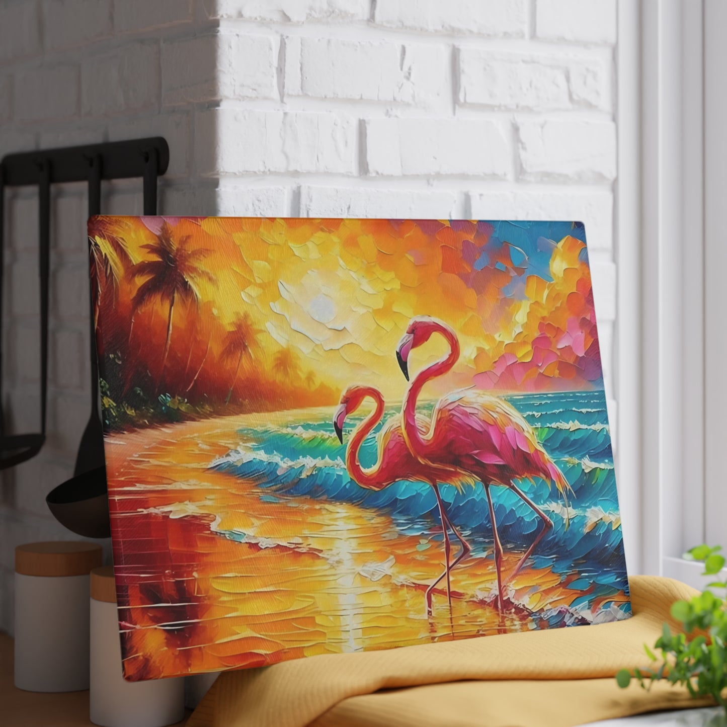 Tabla de cortar - Tabla de cortar de vidrio templado con diseño de flamenco rosa y atardecer en la playa, tabla de charcutería, tabla de cortar, regalo de inauguración de la casa, tabla de cortar personalizada, rústica