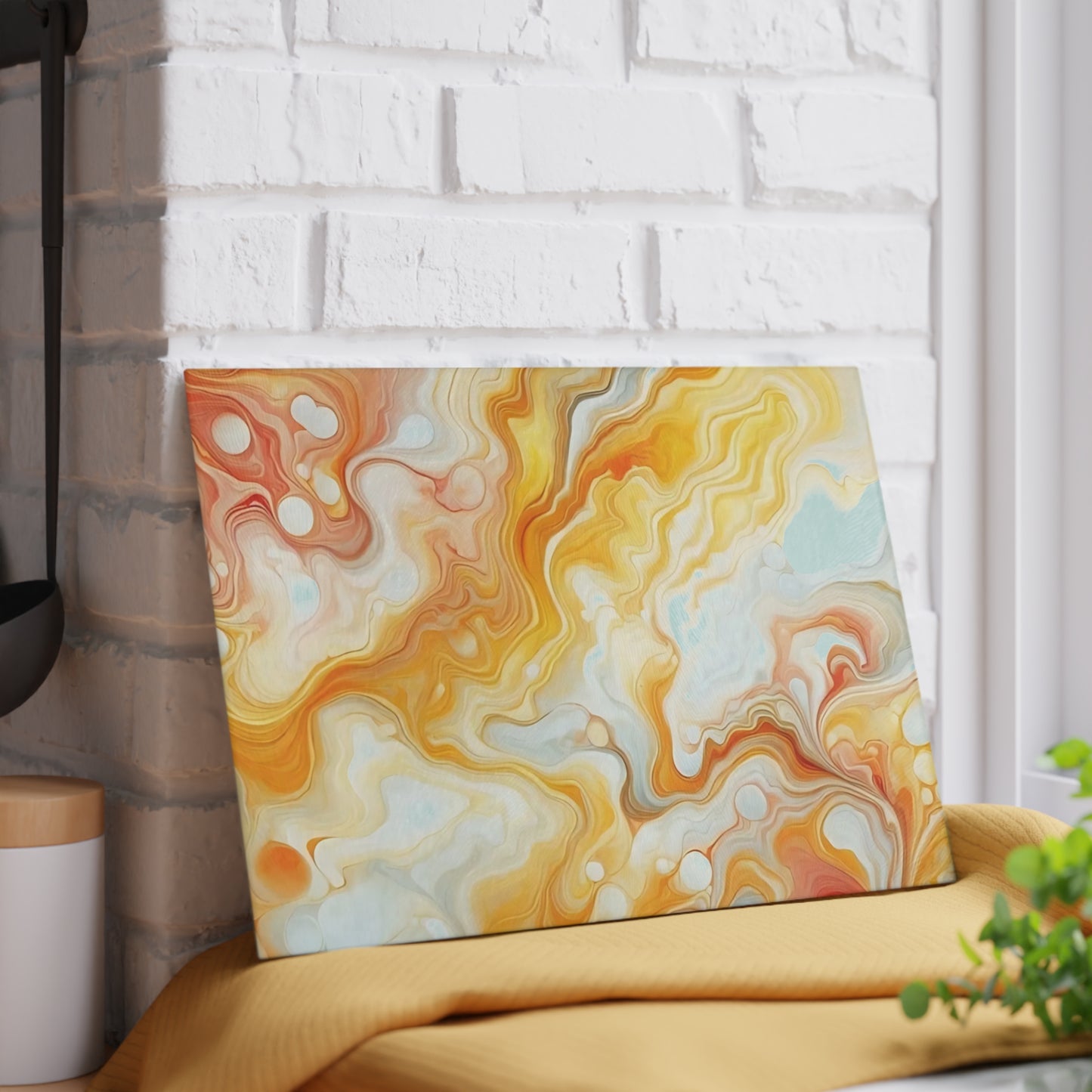 Tabla de cortar de vidrio templado con efecto mármol amarillo, gris y naranja: elegante decoración de cocina con aspecto de mármol, ideal para regalar y funcional.