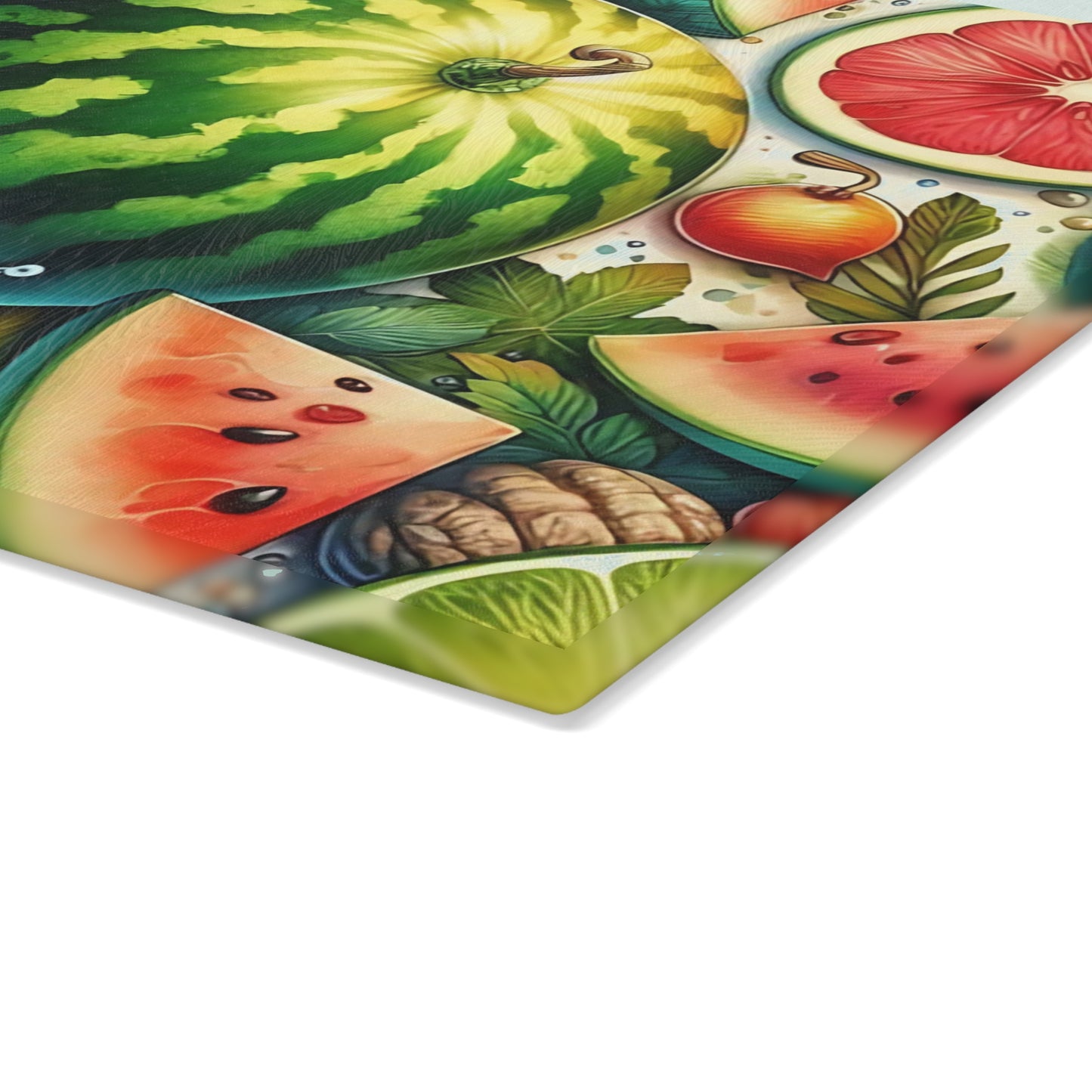 Tabla de cortar de vidrio con sandía jugosa: un dulce ambiente de cocina de verano